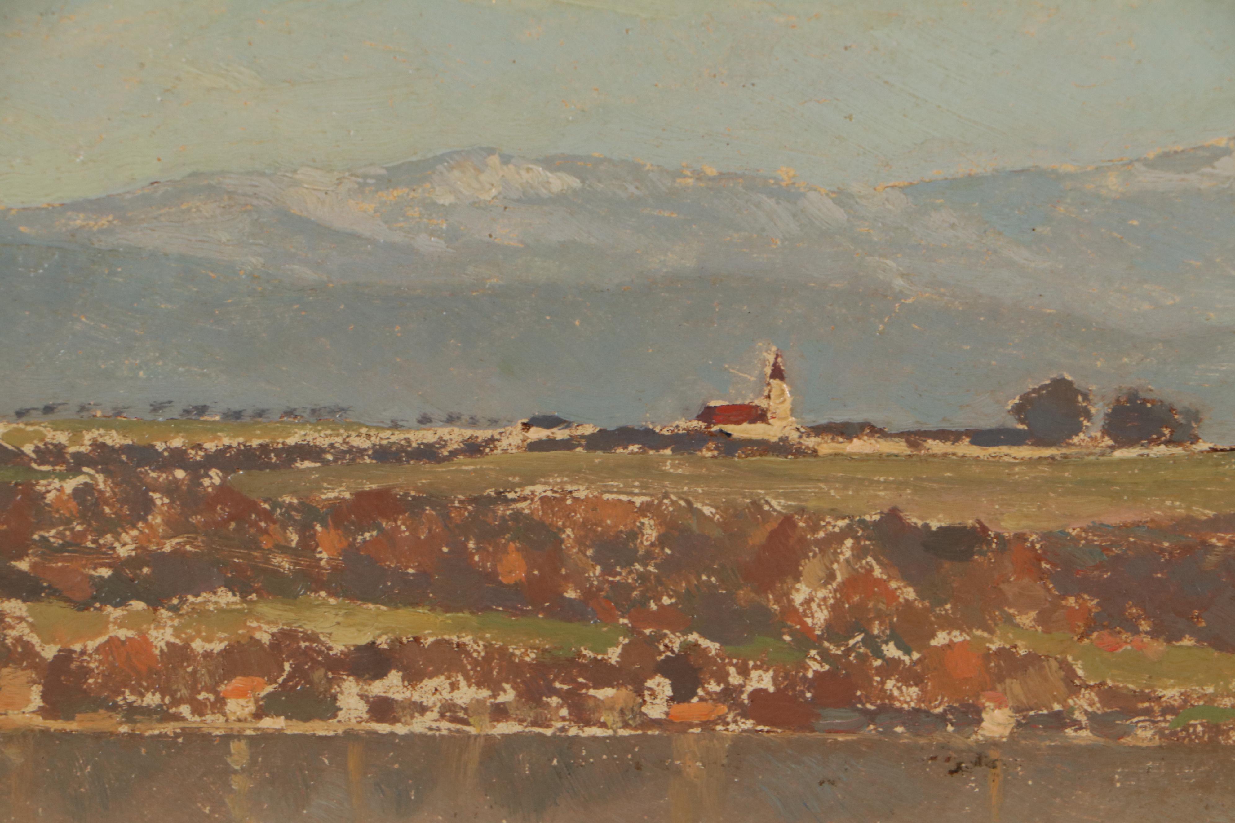 Landscape Oil Painting of Mountains and River, Mid to Late 20th Century