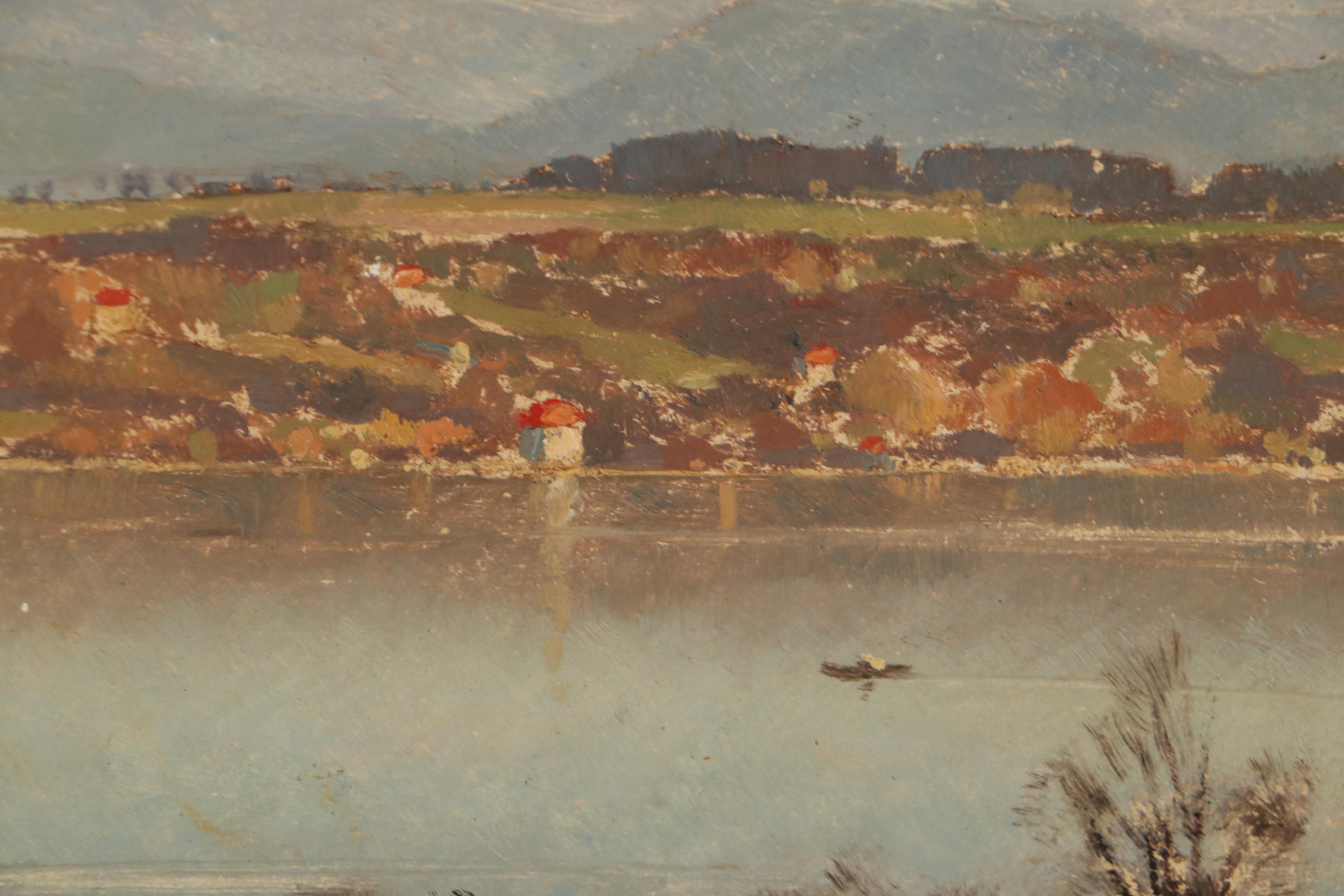 Landscape Oil Painting of Mountains and River, Mid to Late 20th Century