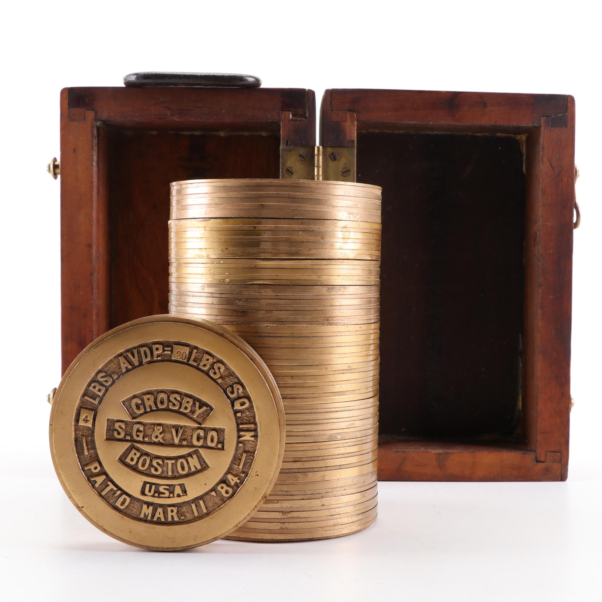 Crosby S. G. & V. Co. Boston Brass Scale Weights in Wooden Box, Pat'd 1884