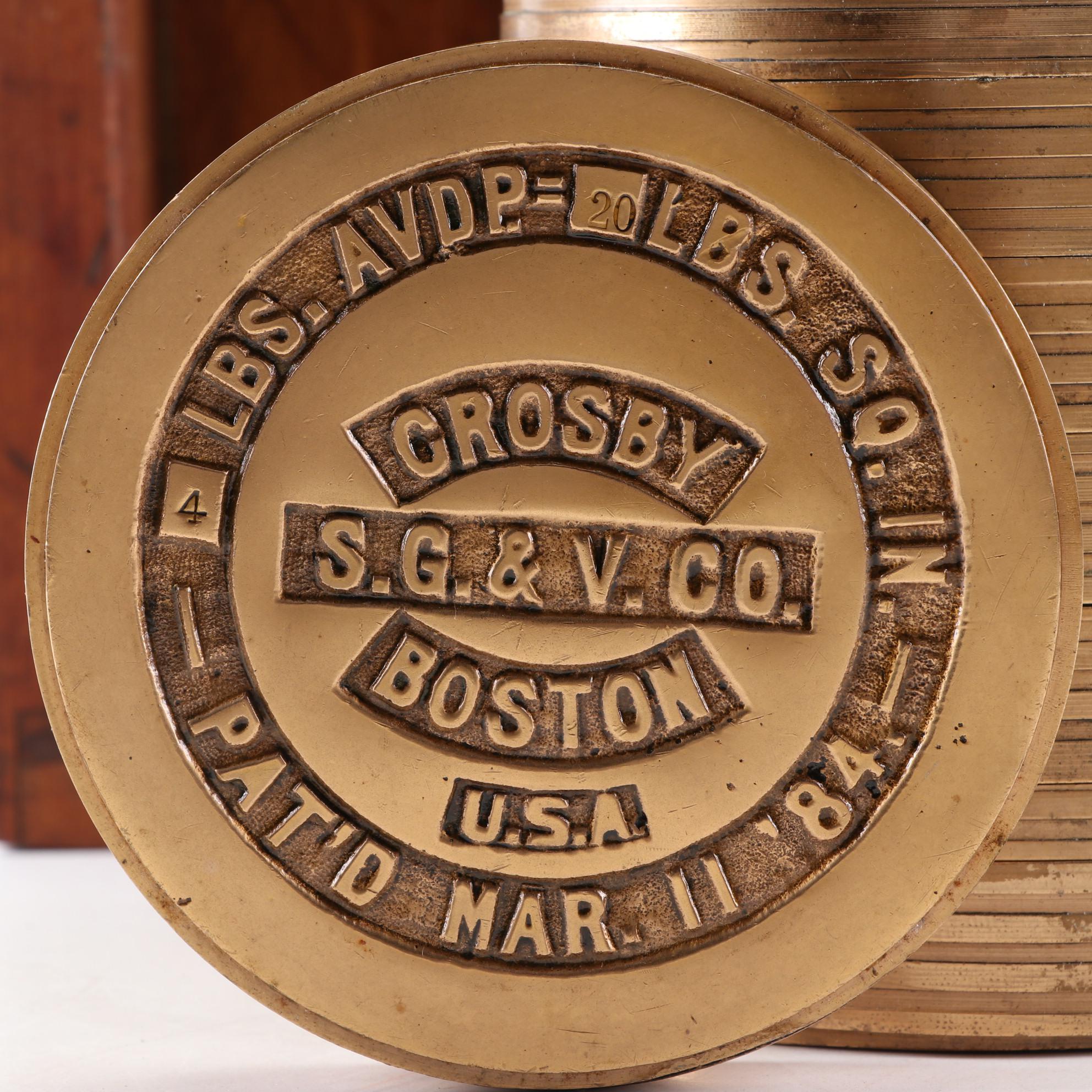 Crosby S. G. & V. Co. Boston Brass Scale Weights in Wooden Box, Pat'd 1884