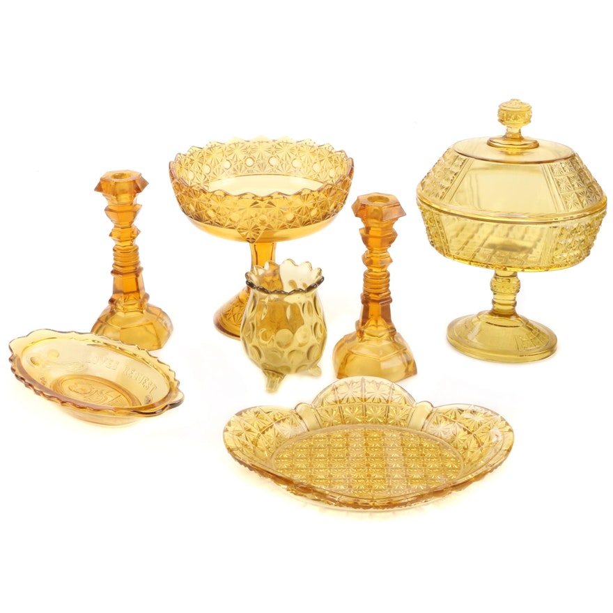 EAPG "Queen" Compote with Other Amber Glass Tableware and Décor