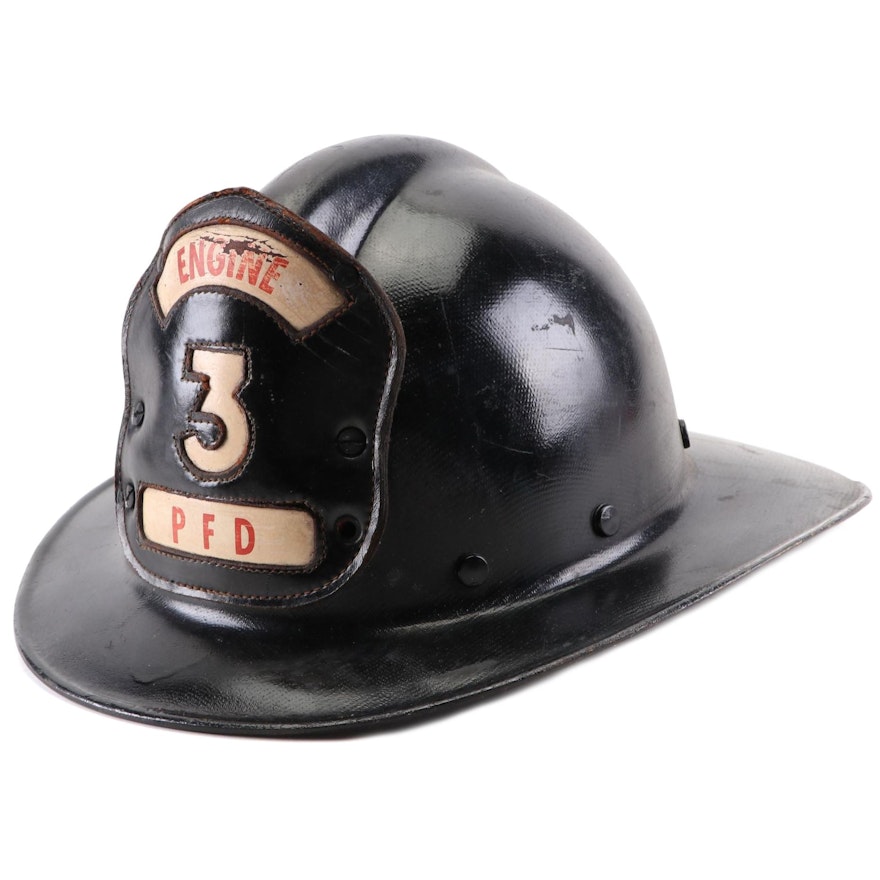 "Engine 3 PFD" Firefighting Helmet with Leather Badge Shield, Mid-20th Century