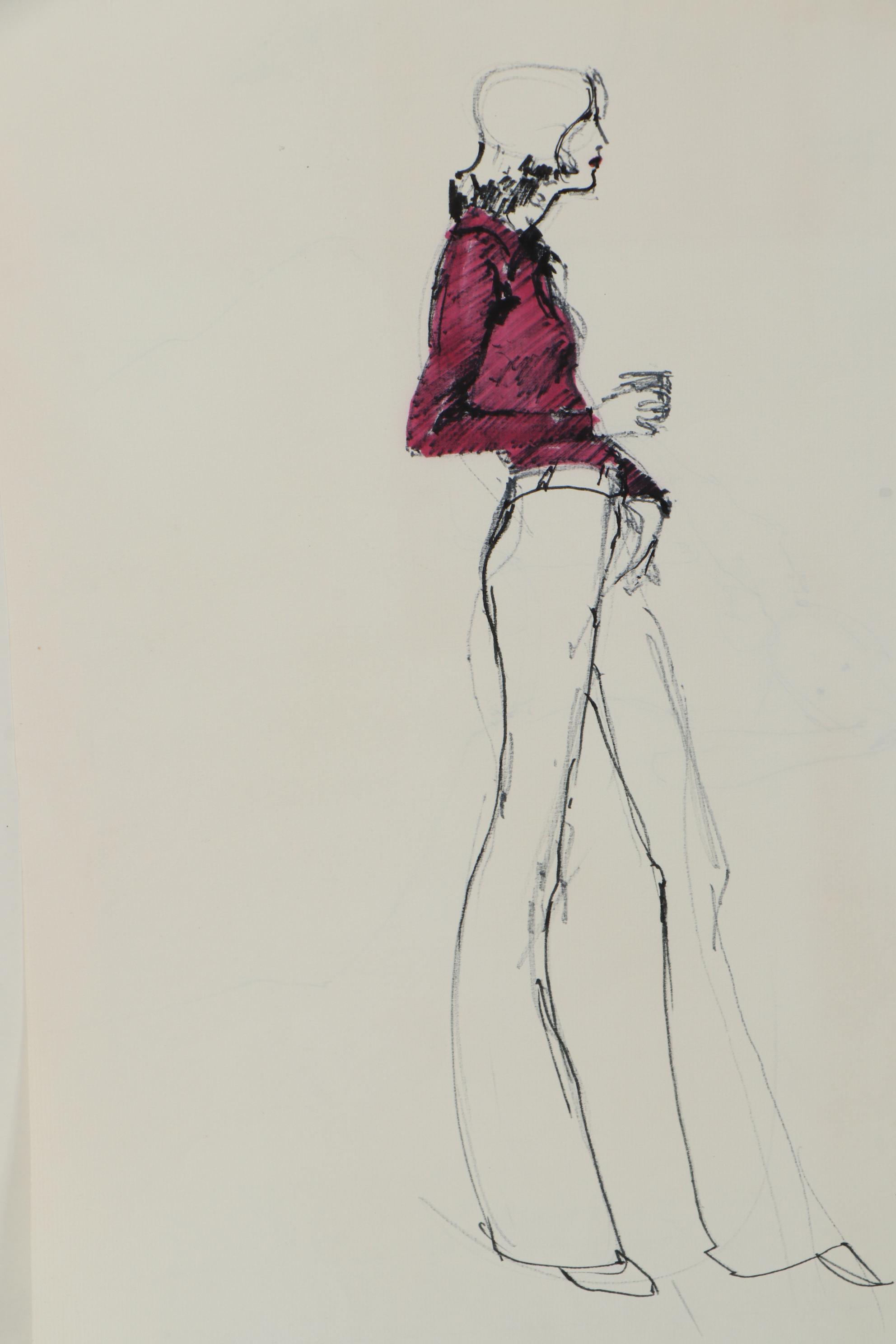 Margaret Voelker-Ferrier Mixed Media Fashion Illustrations, Circa 1969