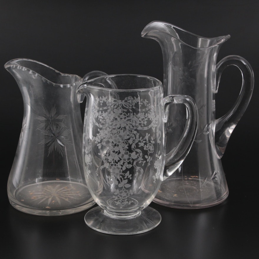 American Etched Glass Champagne and Water Pitchers, Early to Mid 20th Century