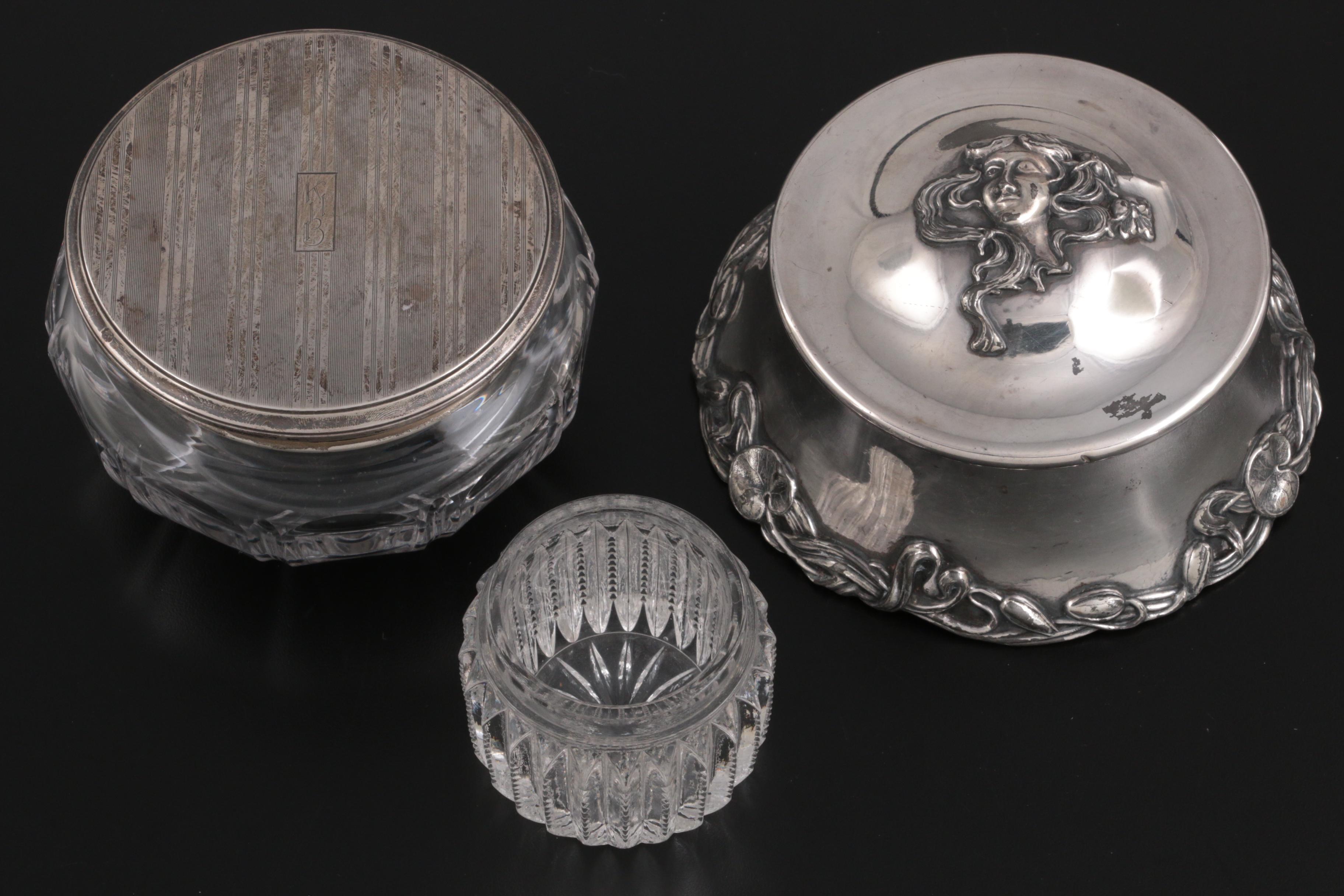 Mermod Jaccard & Co Silver Plate with Other Glass Silver Plate Lidded Jars