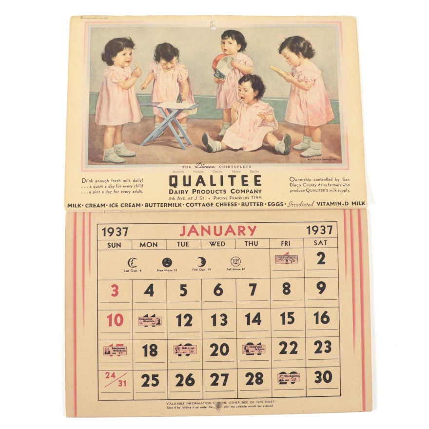 1937 Qualitee Diary Products Co. "Dionne Quintuplets" Advertising Wall Calendar