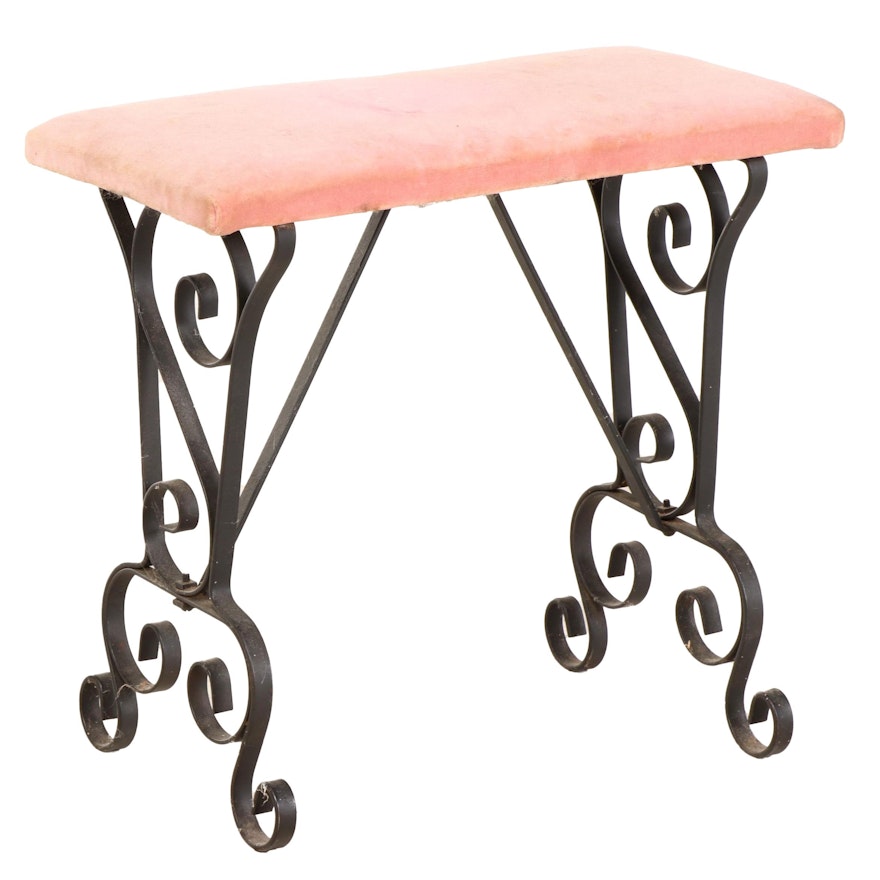 Scrolled Iron and Pink Velveteen Bench, 20th Century