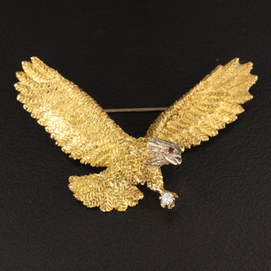 18K Flying Eagle Brooch with Ruby and Diamond