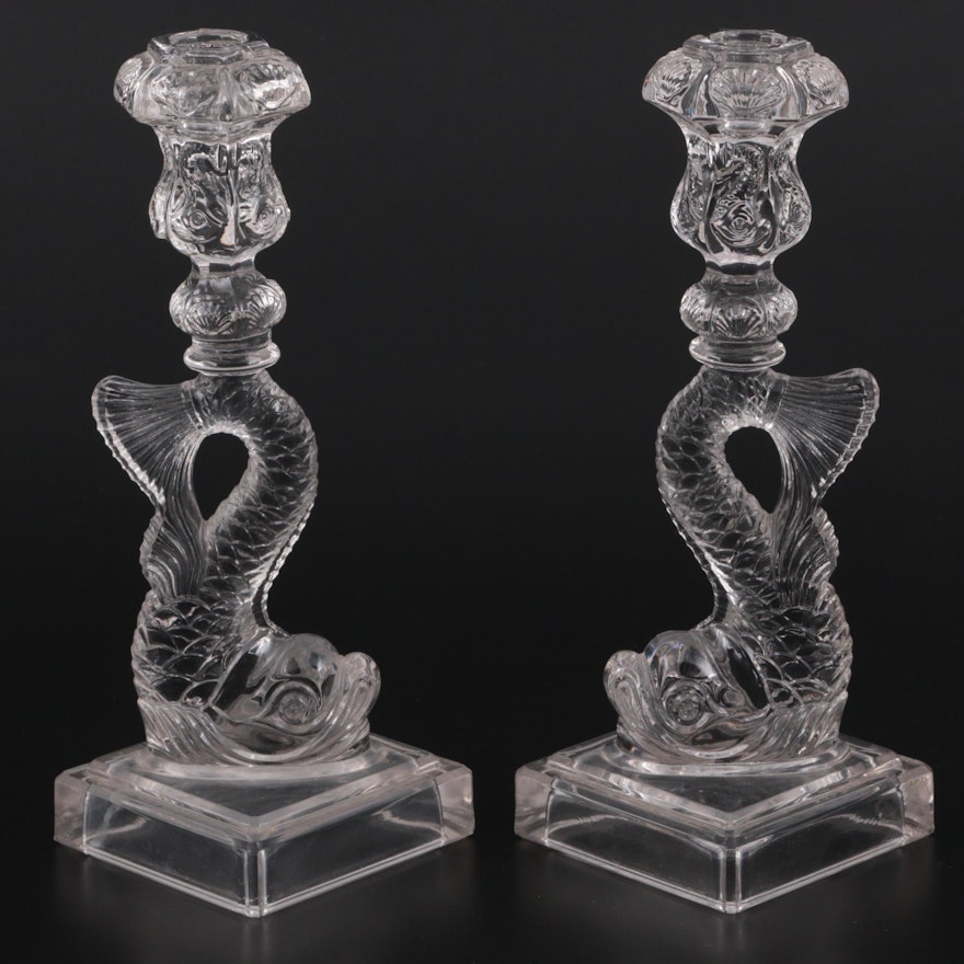 Imperial Glass for Metropolitan Museum of Art Clear Dolphin Candlesticks, 1970s