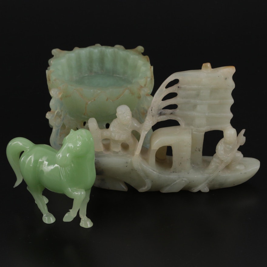 Chinese Carved Serpentine Bowl and Boat Figurines, Green Glass Horse Figurine