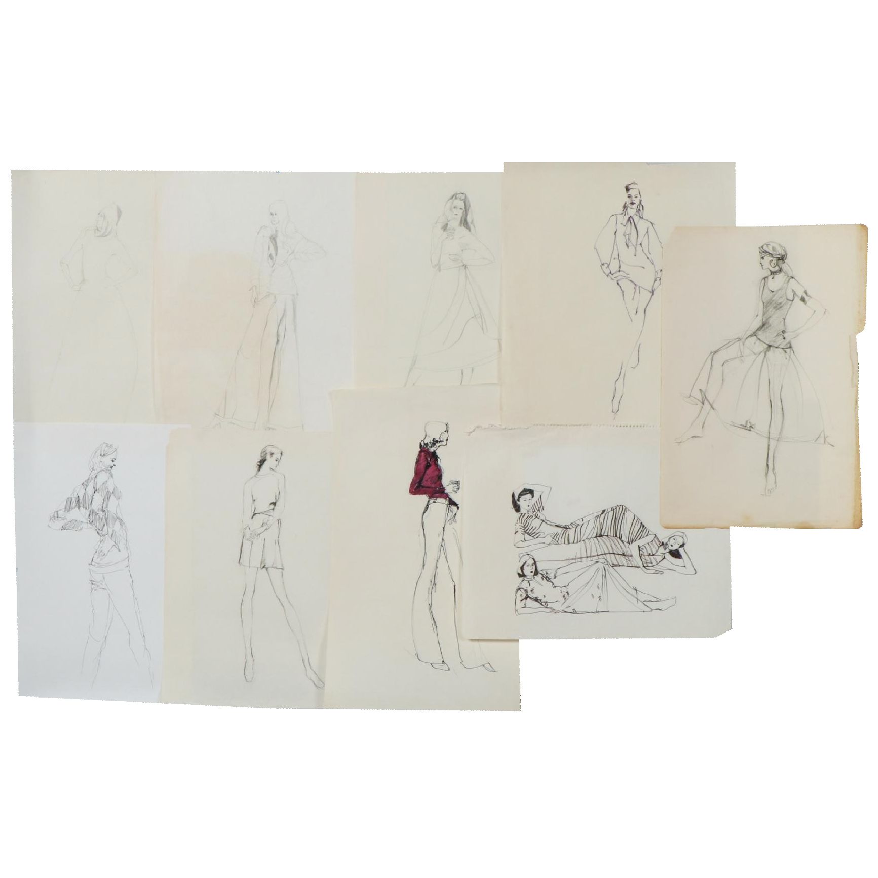Margaret Voelker-Ferrier Mixed Media Fashion Illustrations, Circa 1969
