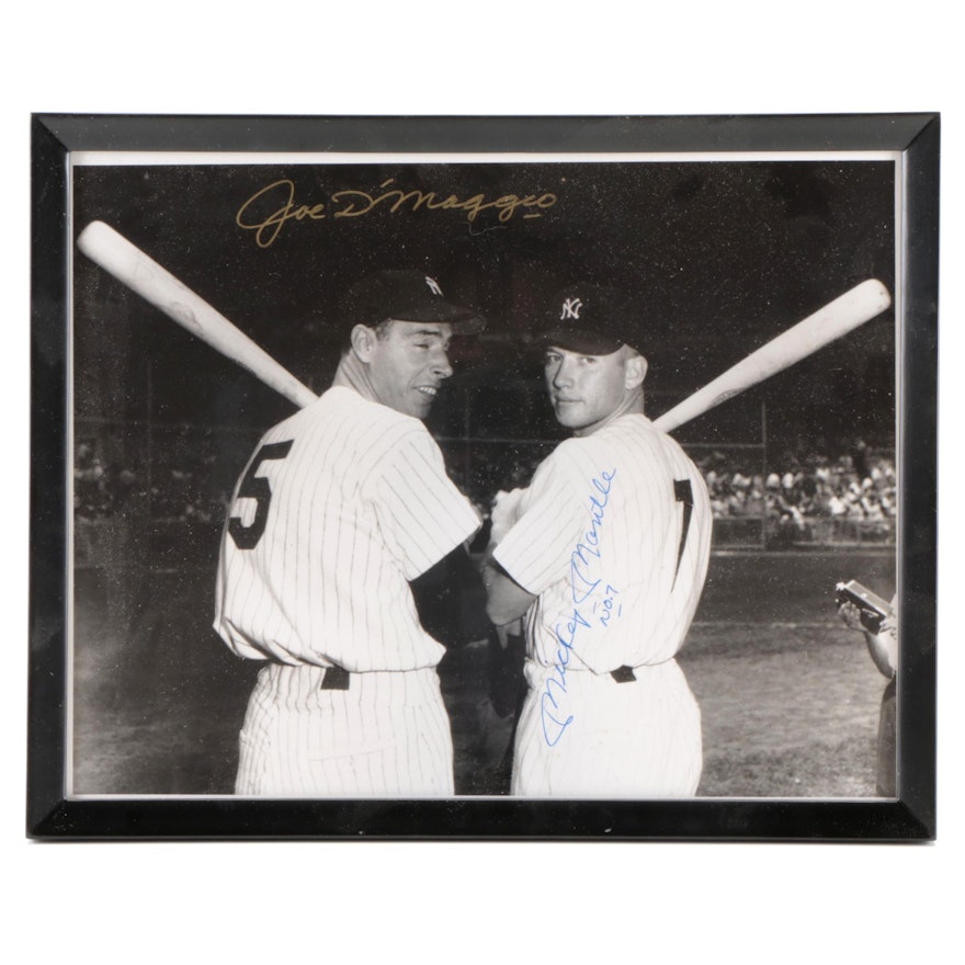 Joe DiMaggio and Mickey Mantle Signed New York Yankees Baseball Print, Framed