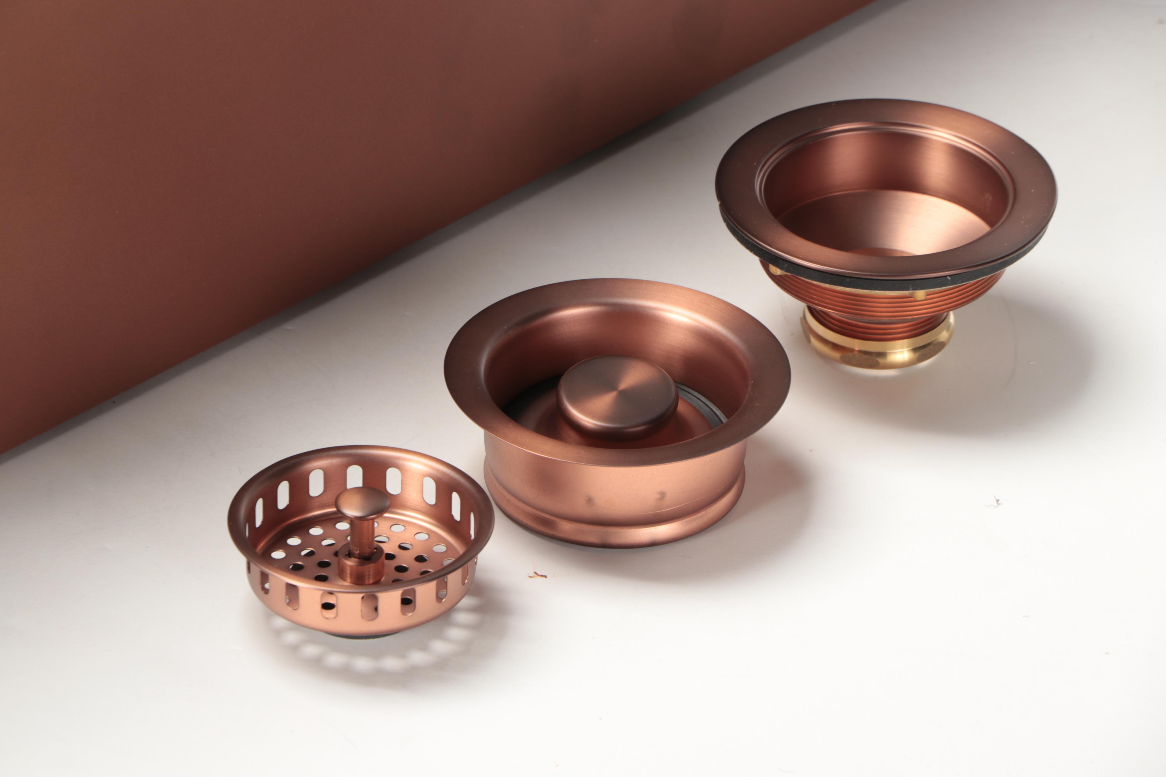 Copper Finish Double Basin Sink, Disposer Flange Stopper, Basket Strainer