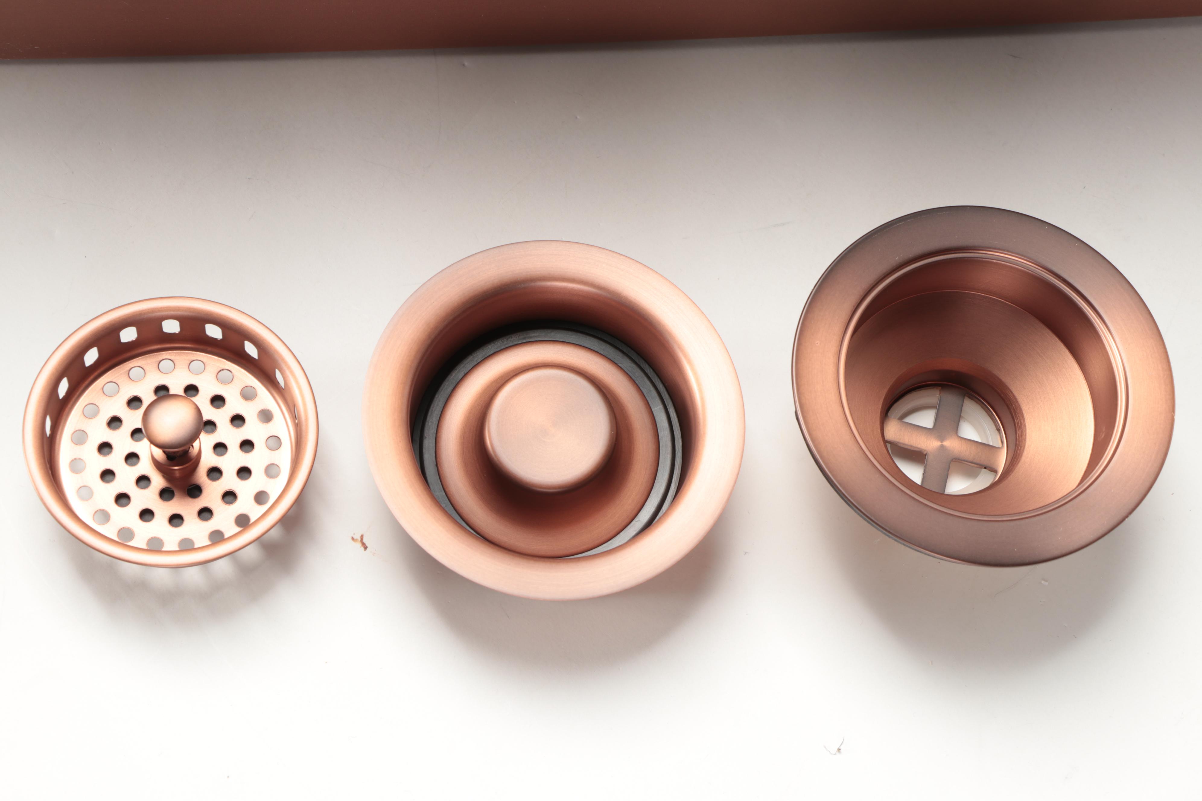 Copper Finish Double Basin Sink, Disposer Flange Stopper, Basket Strainer