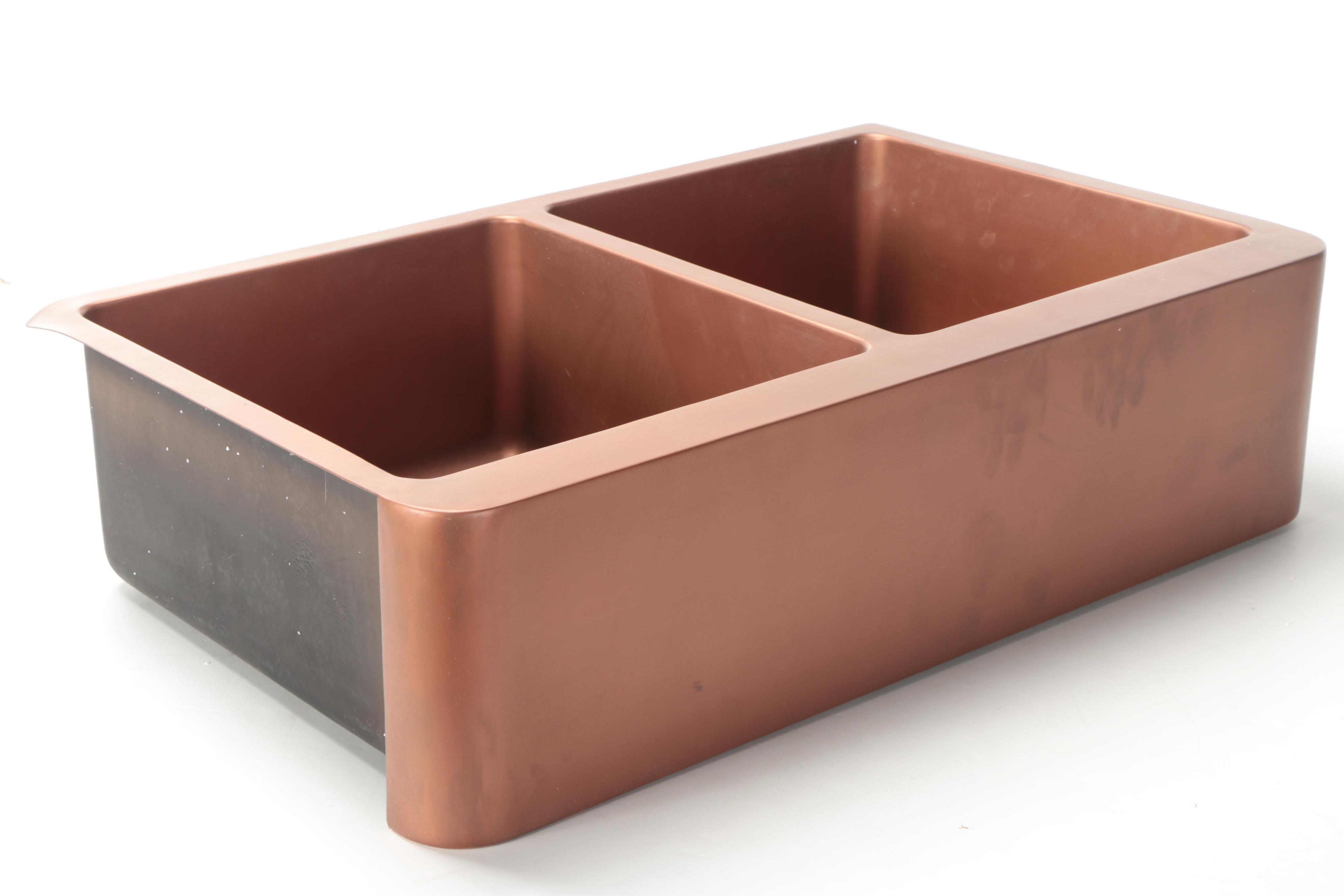 Copper Finish Double Basin Sink, Disposer Flange Stopper, Basket Strainer