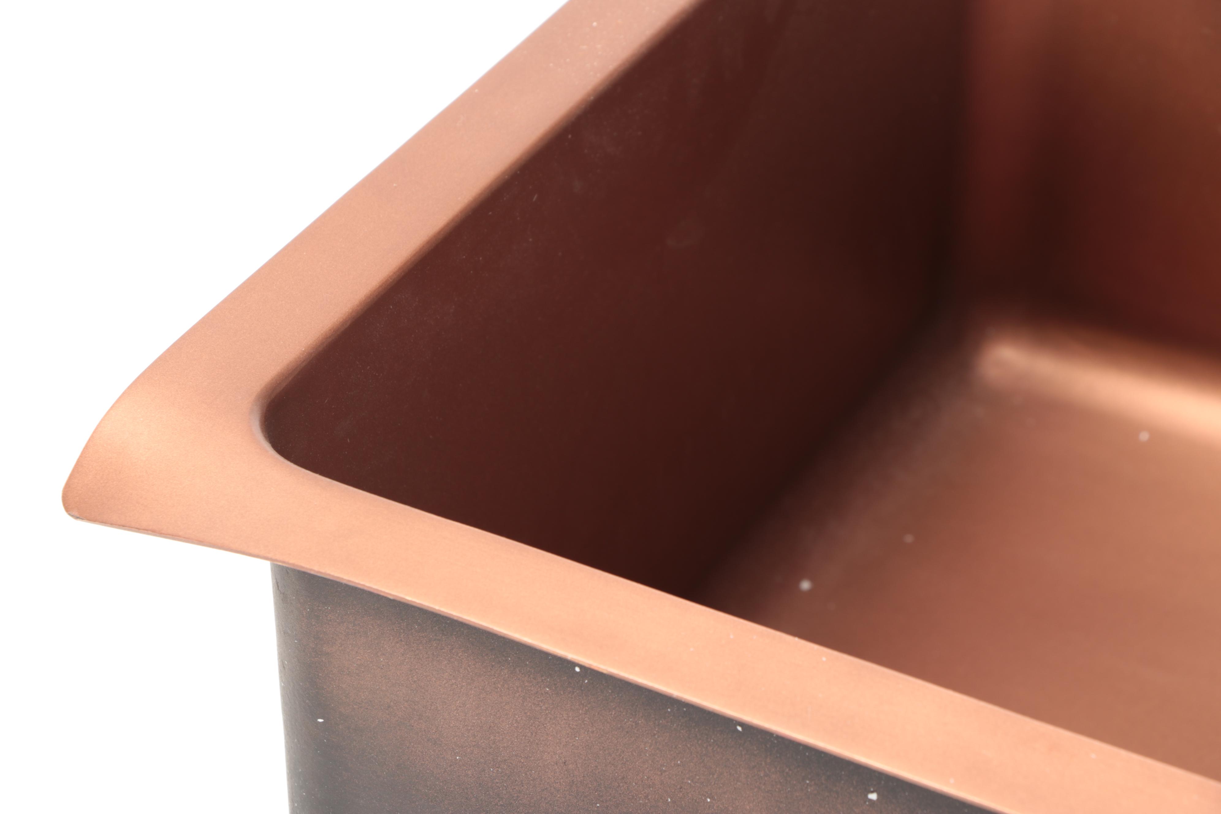 Copper Finish Double Basin Sink, Disposer Flange Stopper, Basket Strainer