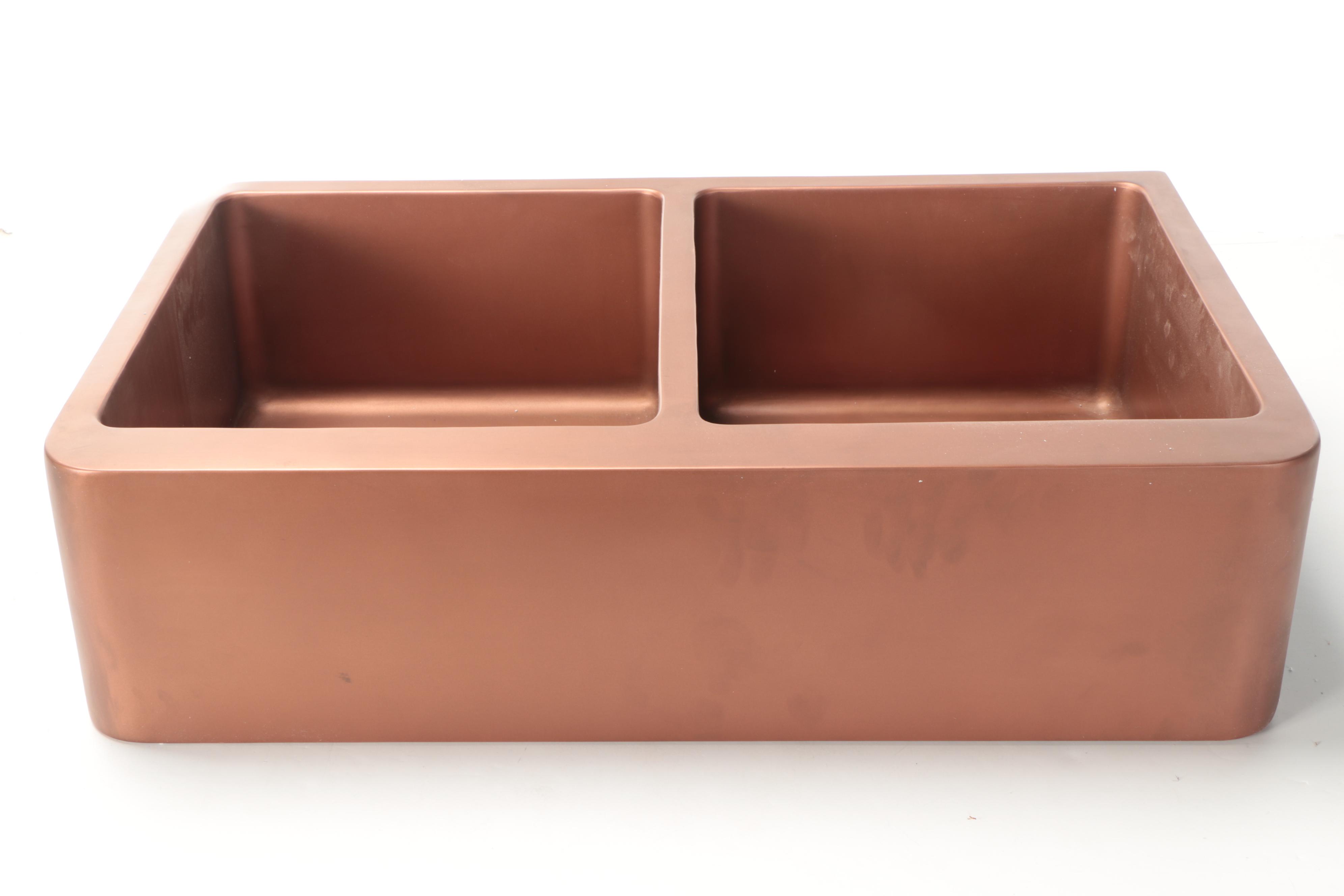Copper Finish Double Basin Sink, Disposer Flange Stopper, Basket Strainer
