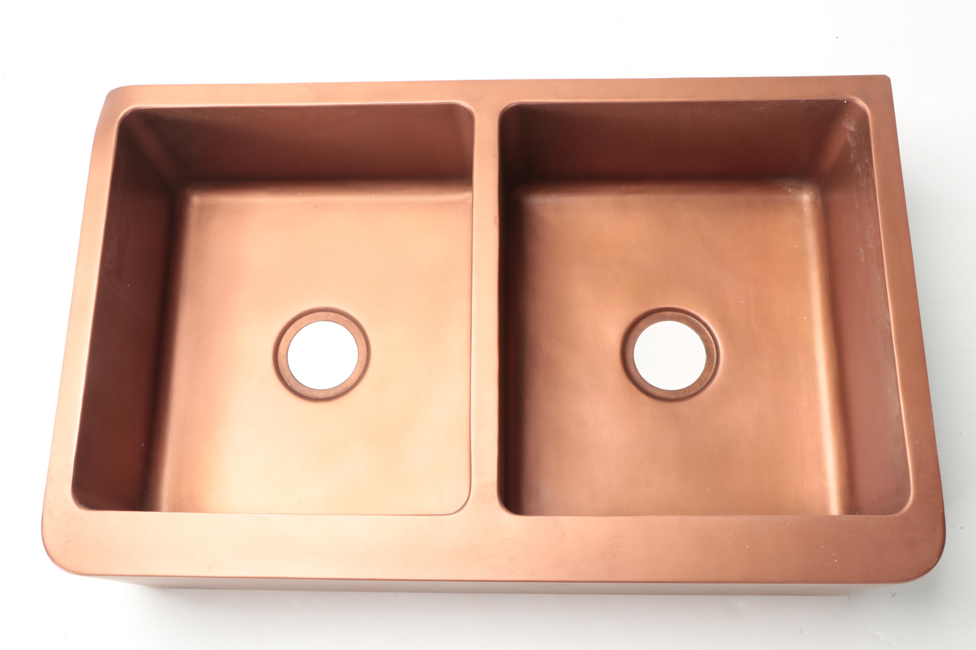 Copper Finish Double Basin Sink, Disposer Flange Stopper, Basket Strainer