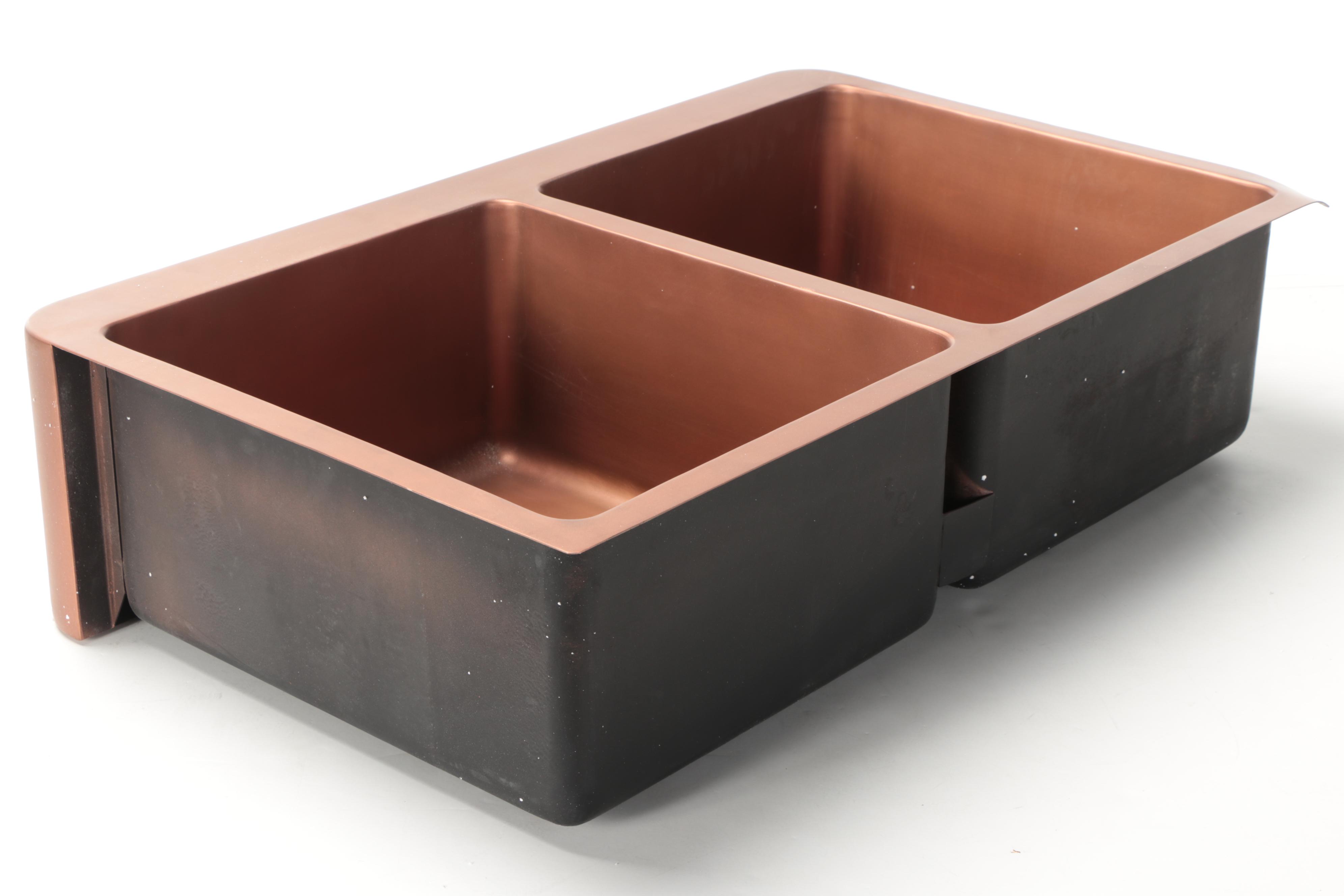 Copper Finish Double Basin Sink, Disposer Flange Stopper, Basket Strainer