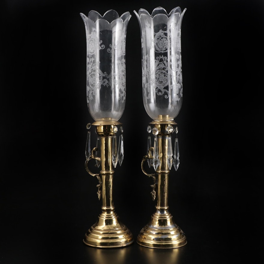 Brass Plated Candlesticks with Etched Glass Hurricane Shades