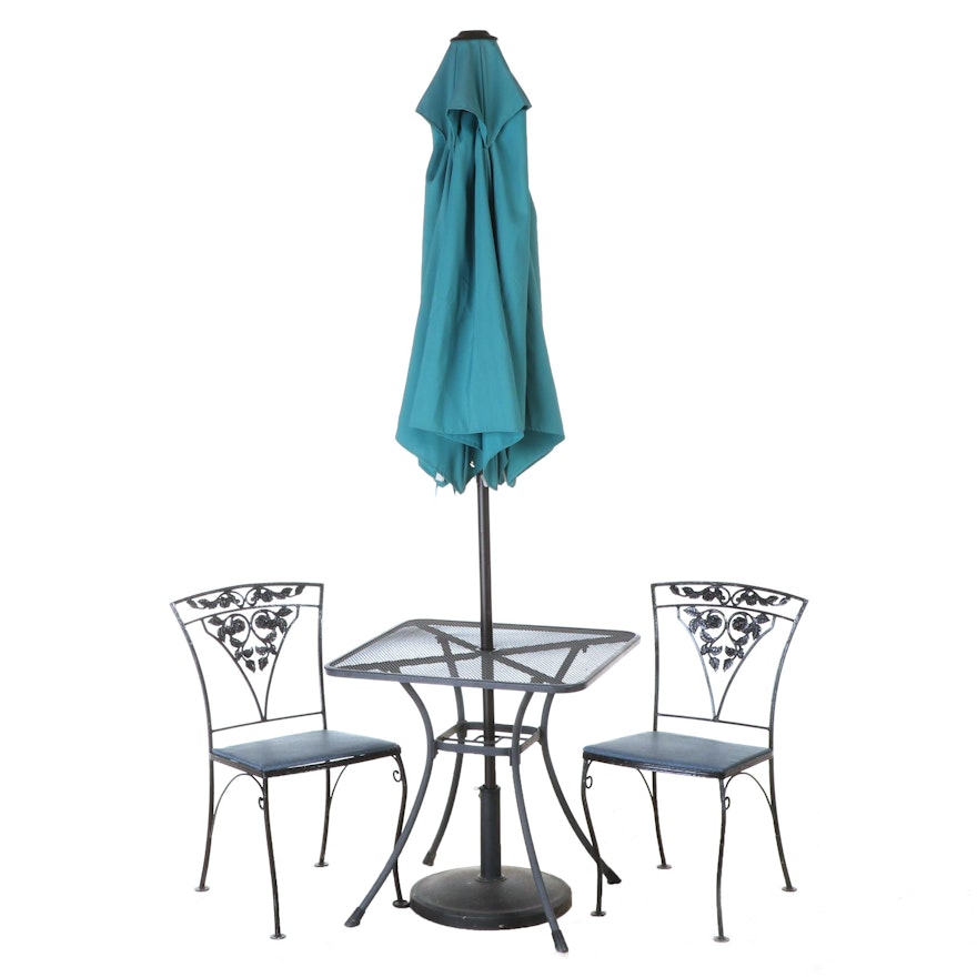 Matched Three-Piece Metal Patio Bistro Set with Umbrella