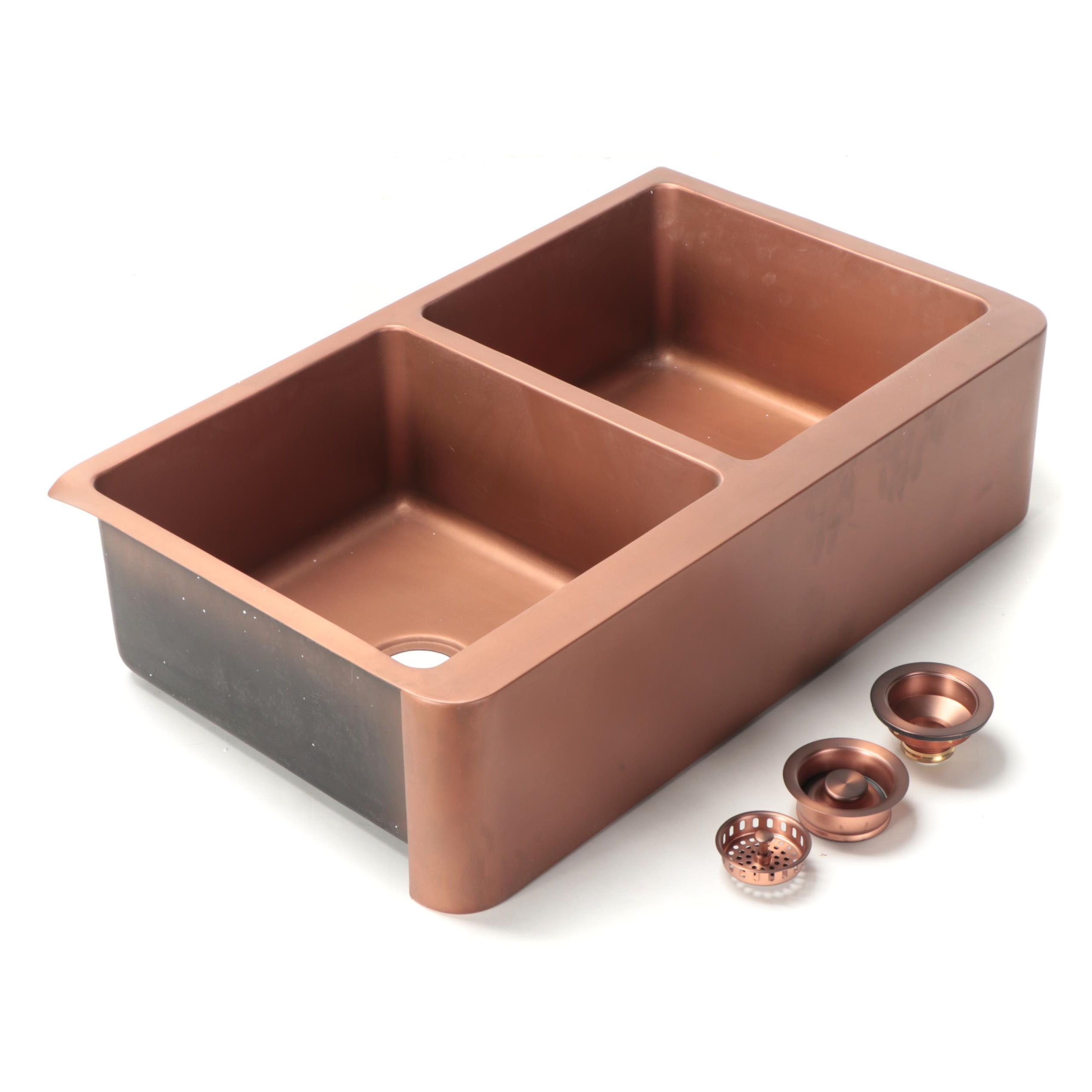 Copper Finish Double Basin Sink, Disposer Flange Stopper, Basket Strainer