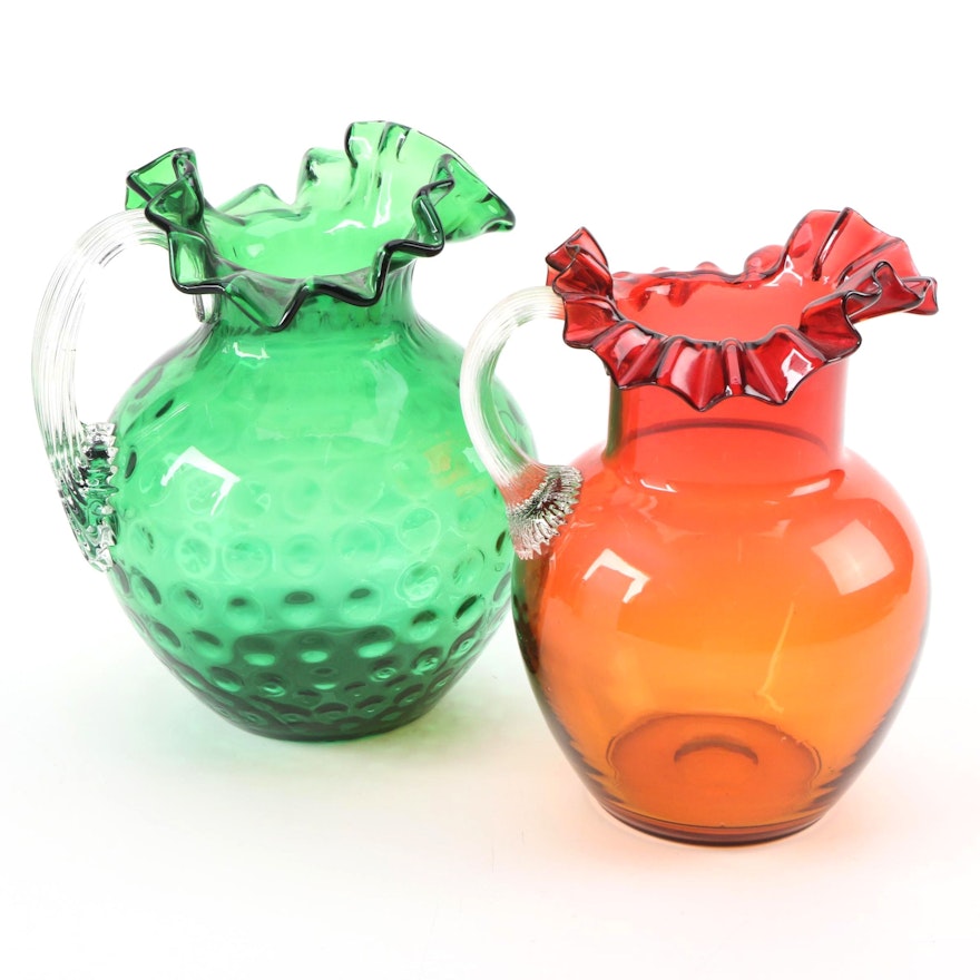 Fenton Green Optic Thumbprint and Other Crimped Edge Glass Pitchers