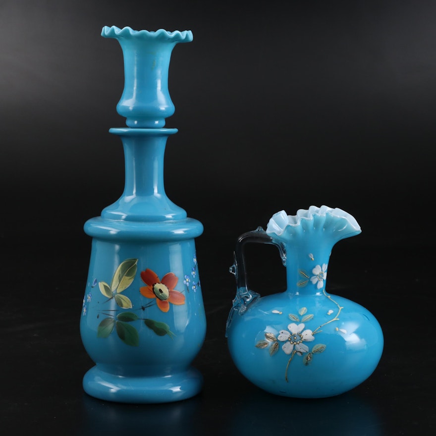 French Blue Bristol Glass Perfume Decanter and Other Cruet, Late 19th Century