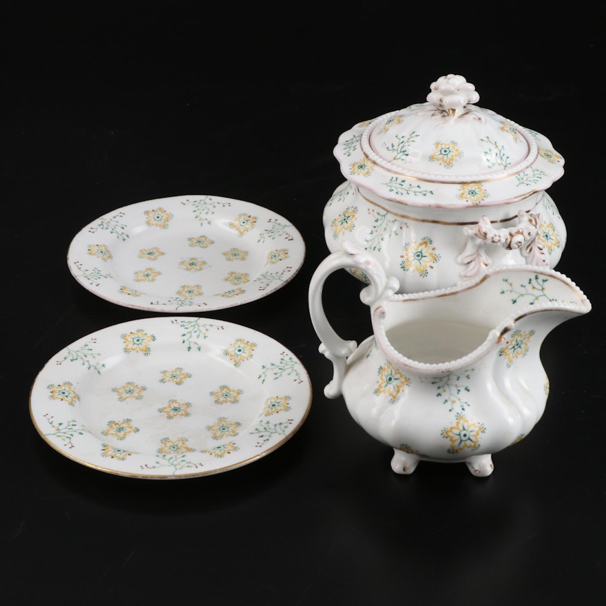 European Hand-Painted Porcelain Sugar, Creamer, and Saucers