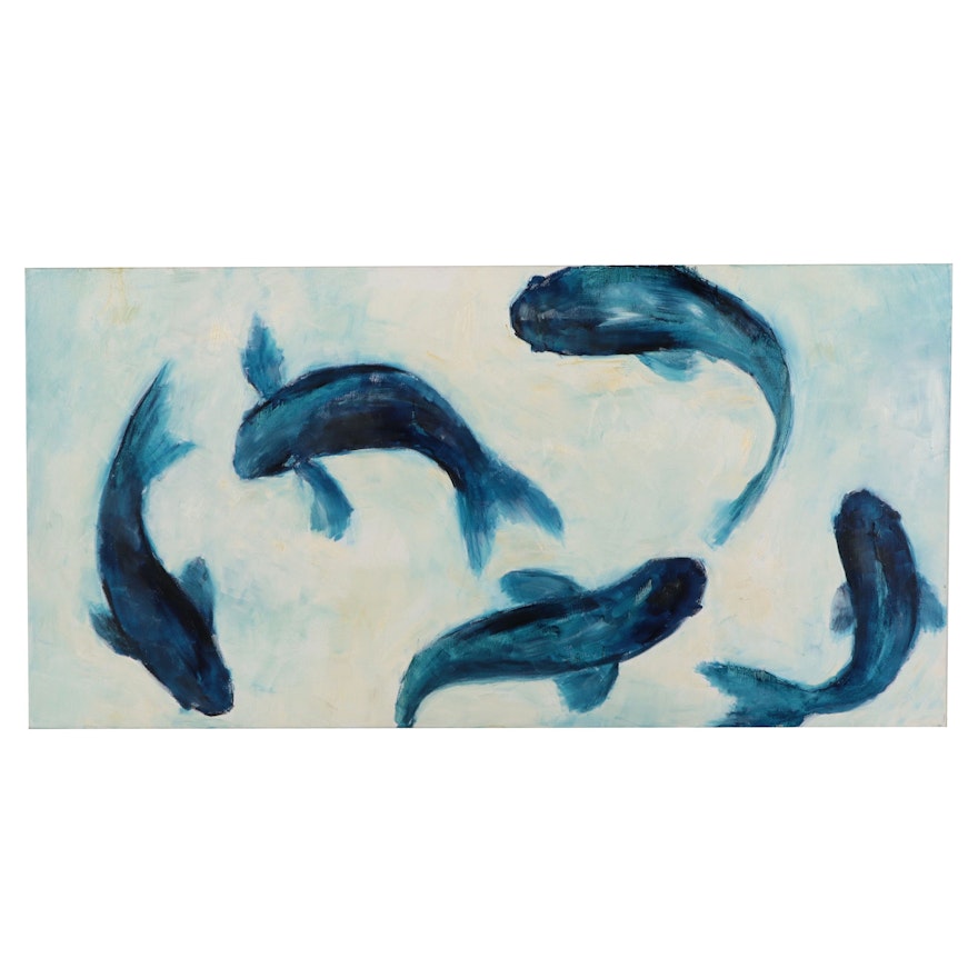 Abstract Oil Painting of Fish, Late 20th Century