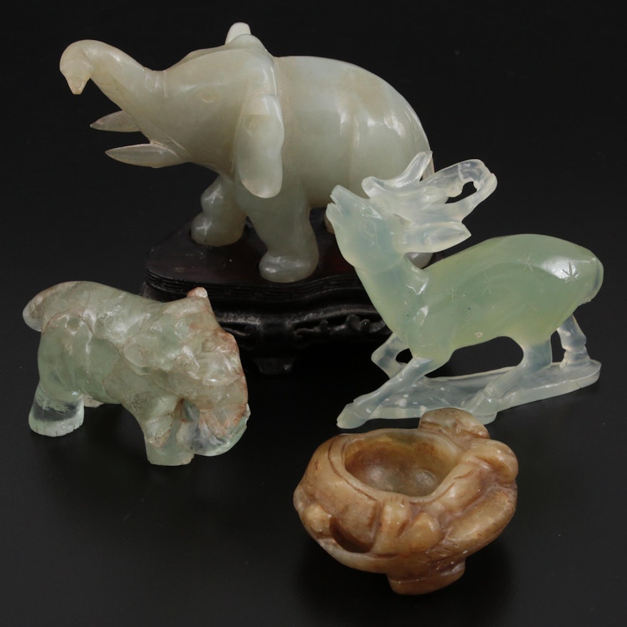 Chinese Carved Serpentine Figurines and Brush Washer with Fluorite Elephant