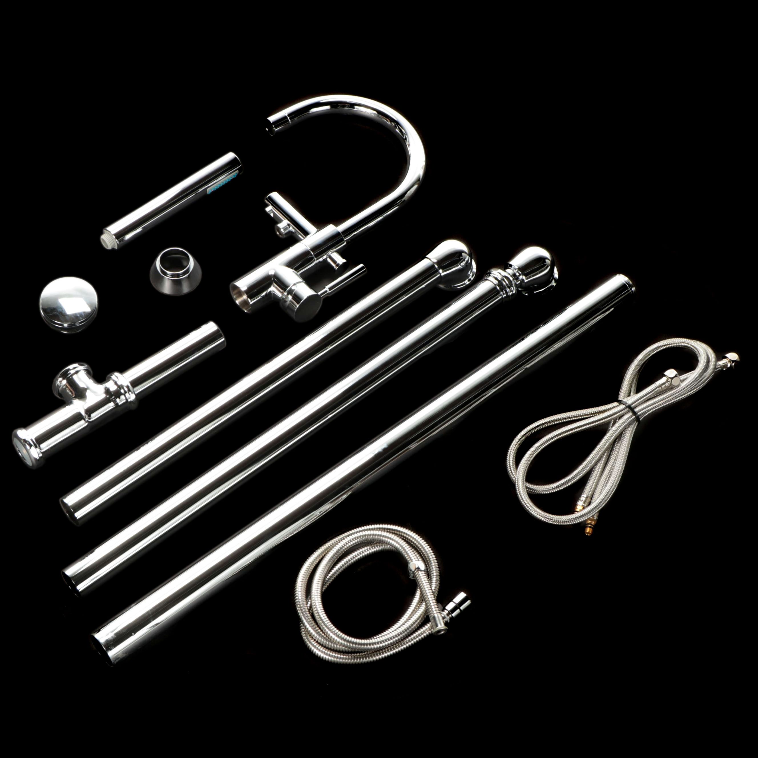 Chrome Gooseneck Freestanding Tub Faucet, Hand Shower and Tub Drain