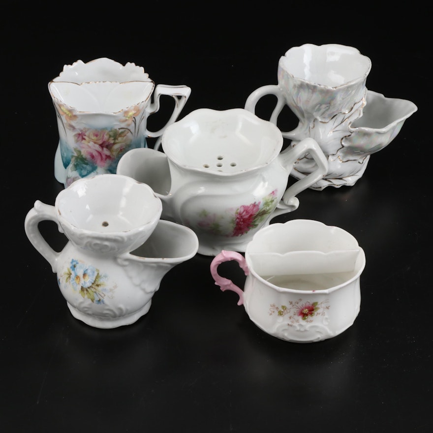Victorian Porcelain Floral Shaving Mugs and Scuttles, Late 19th/ Early 20th C.