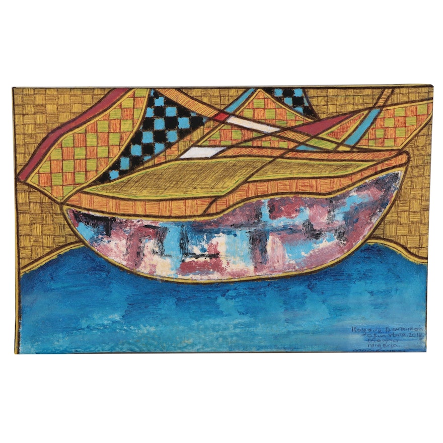 Kayode Buraimoh Abstract Mixed Media Painting "Canoe at Shore," 2018