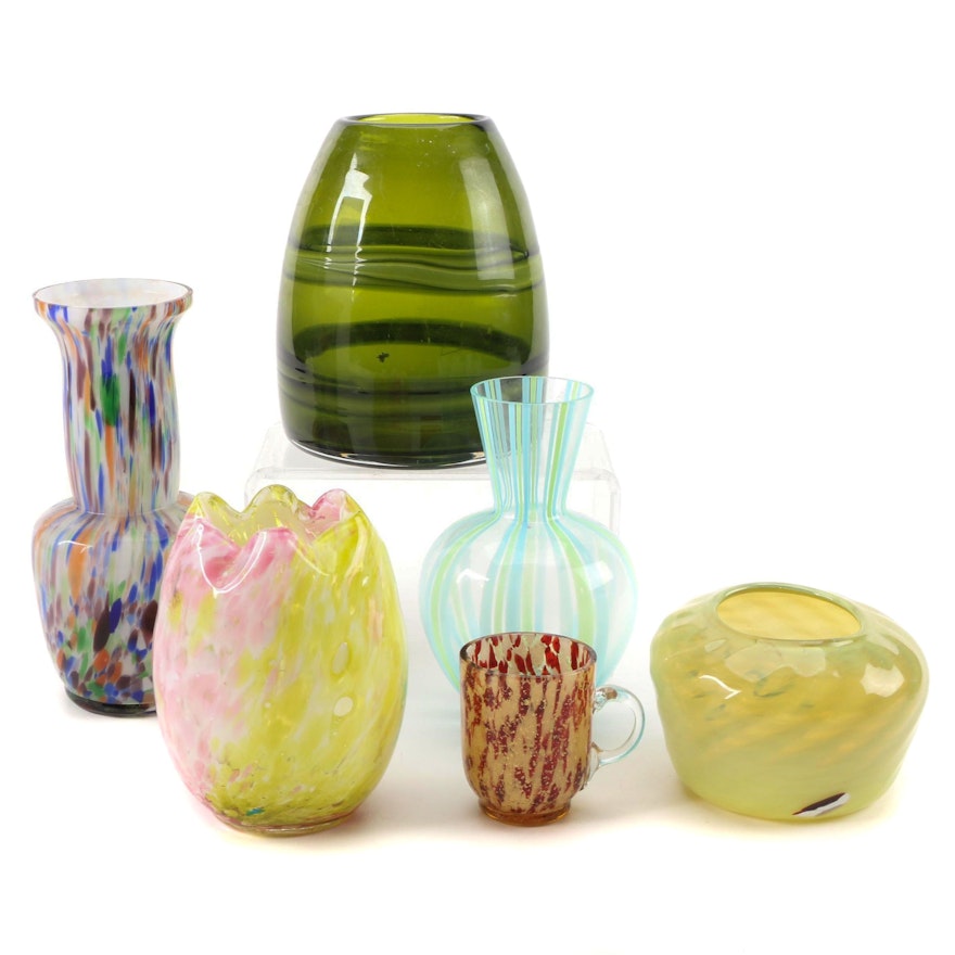 Spangle Glass Cup and Other Blown Art Glass Vases, 20th Century