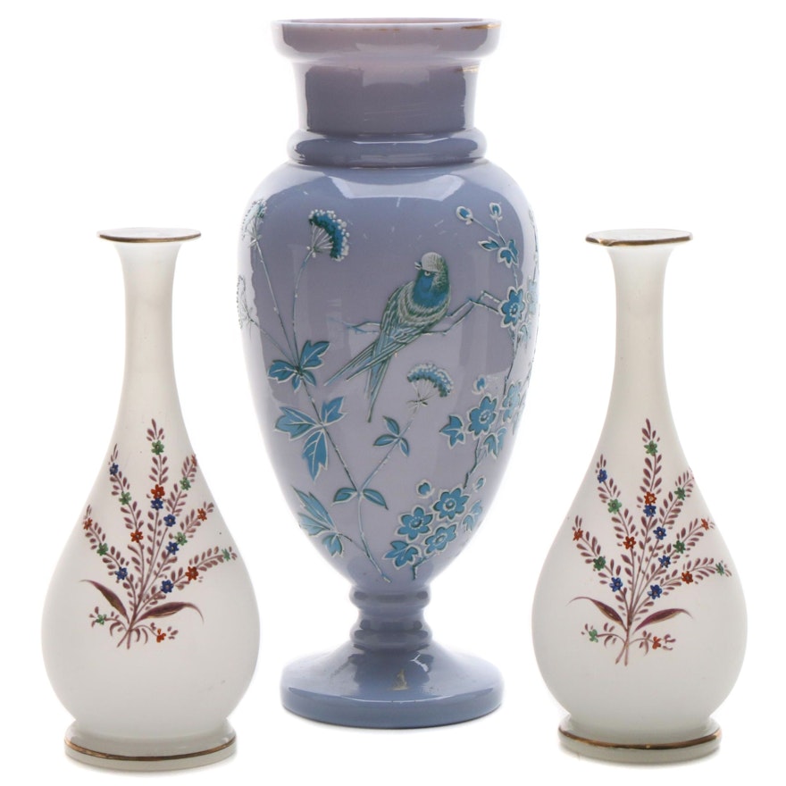English Hand-Painted Bristol Glass Lavender and White Vases, Late 19th Century