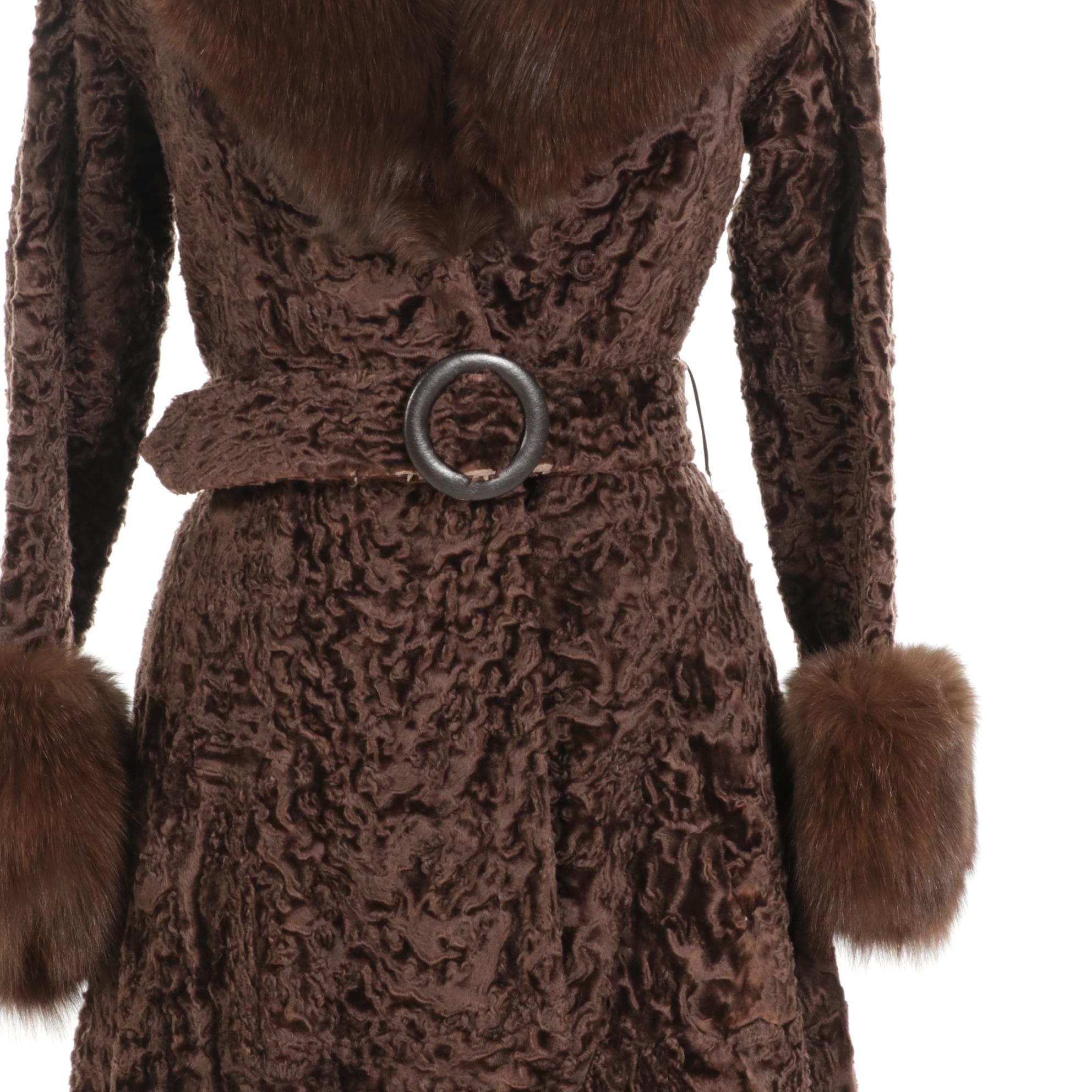 Brown Broadtail Lamb Coat with Fox Fur Trim from Thomas E. McElroy, 1970s