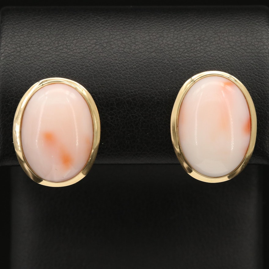 14K Oval Coral Cabochon Earrings