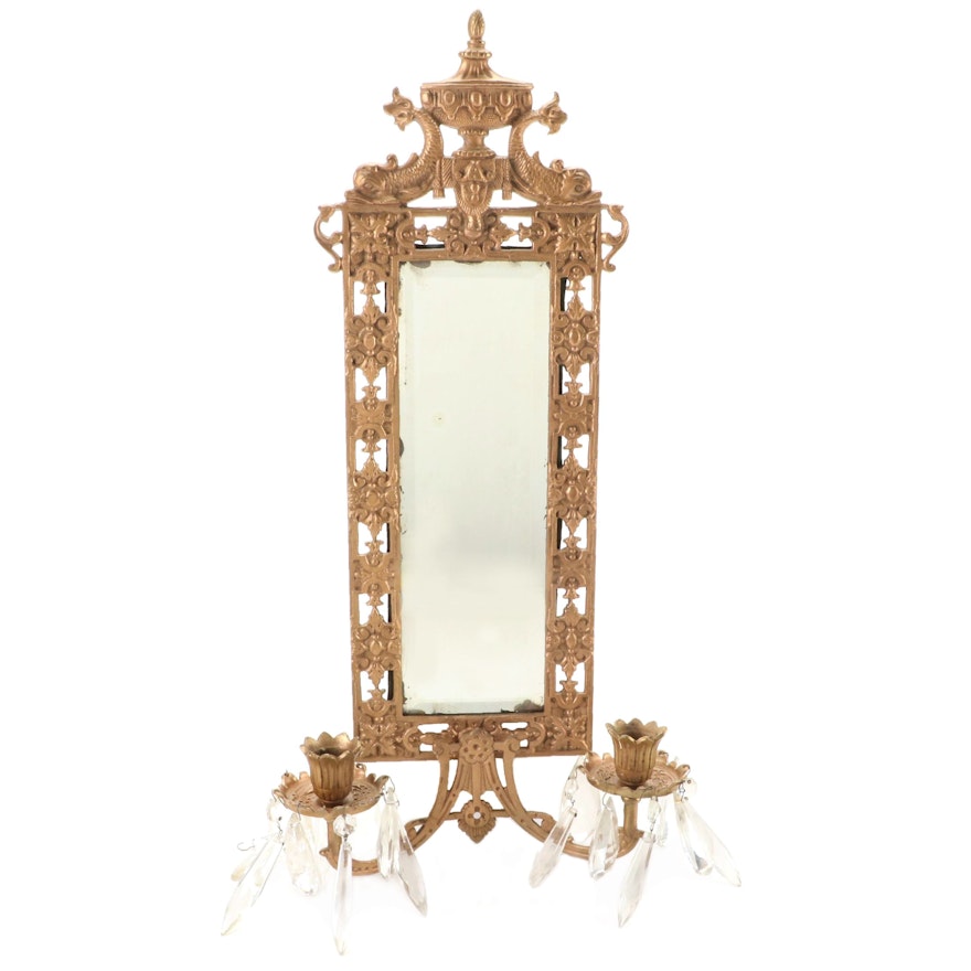 French Rococo Brass Mirror Back Wall Two-Arm Sconce, Mid to Late 19th C.