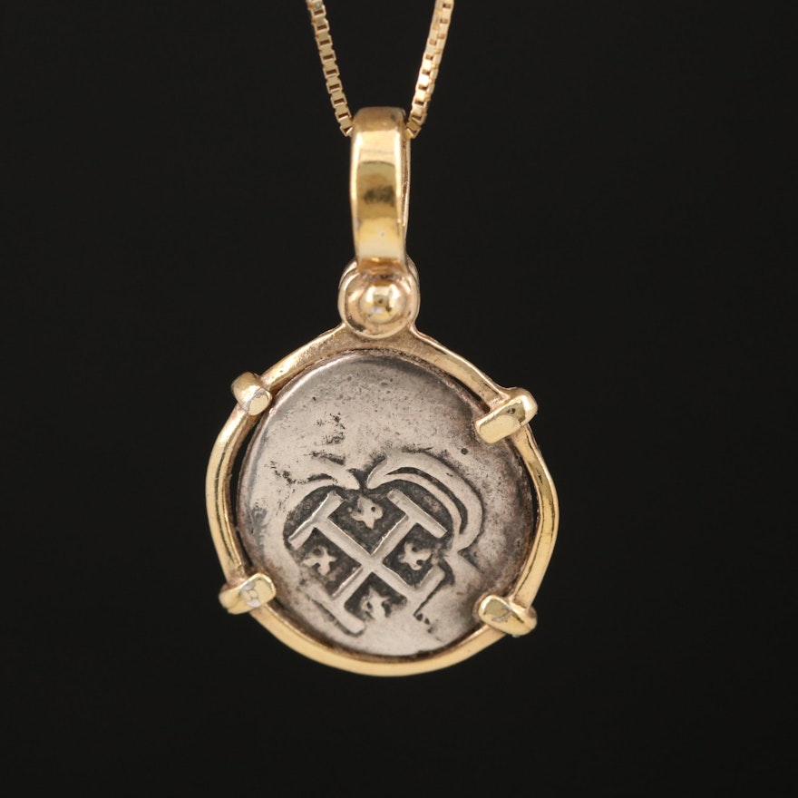 Spanish Colonial Replica Coin in Sterling Pendant on 14K Necklace