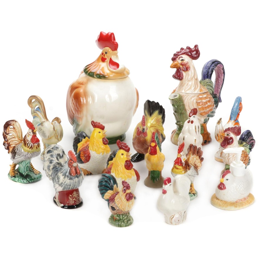 Ceramic Cookie Jar and Other Chicken Figurines, Mid to Late 20th Century
