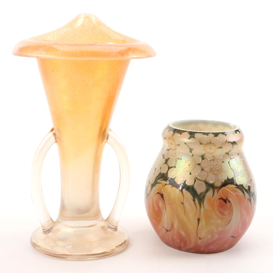 Art Nouveau Floral Enameled Iridescent Glass Vase with Jack-in-the-Pulpit Vase