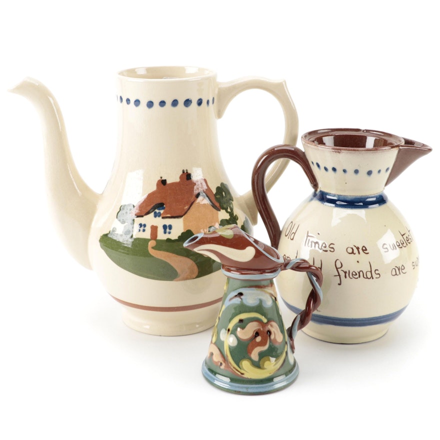 Dartmouth Pottery Motto Ware Coffee Pot with Other English Torquay Pottery