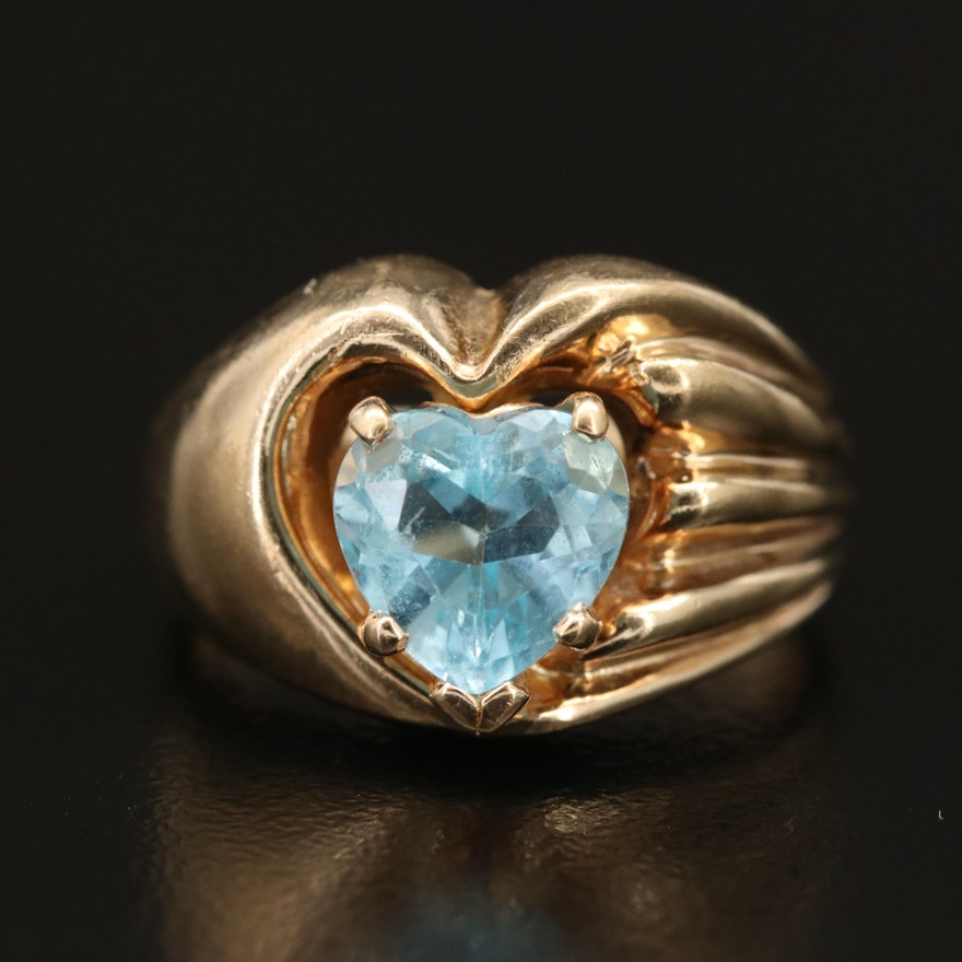 10K Swiss Blue Topaz Heart Ring with Fluted Shoulder