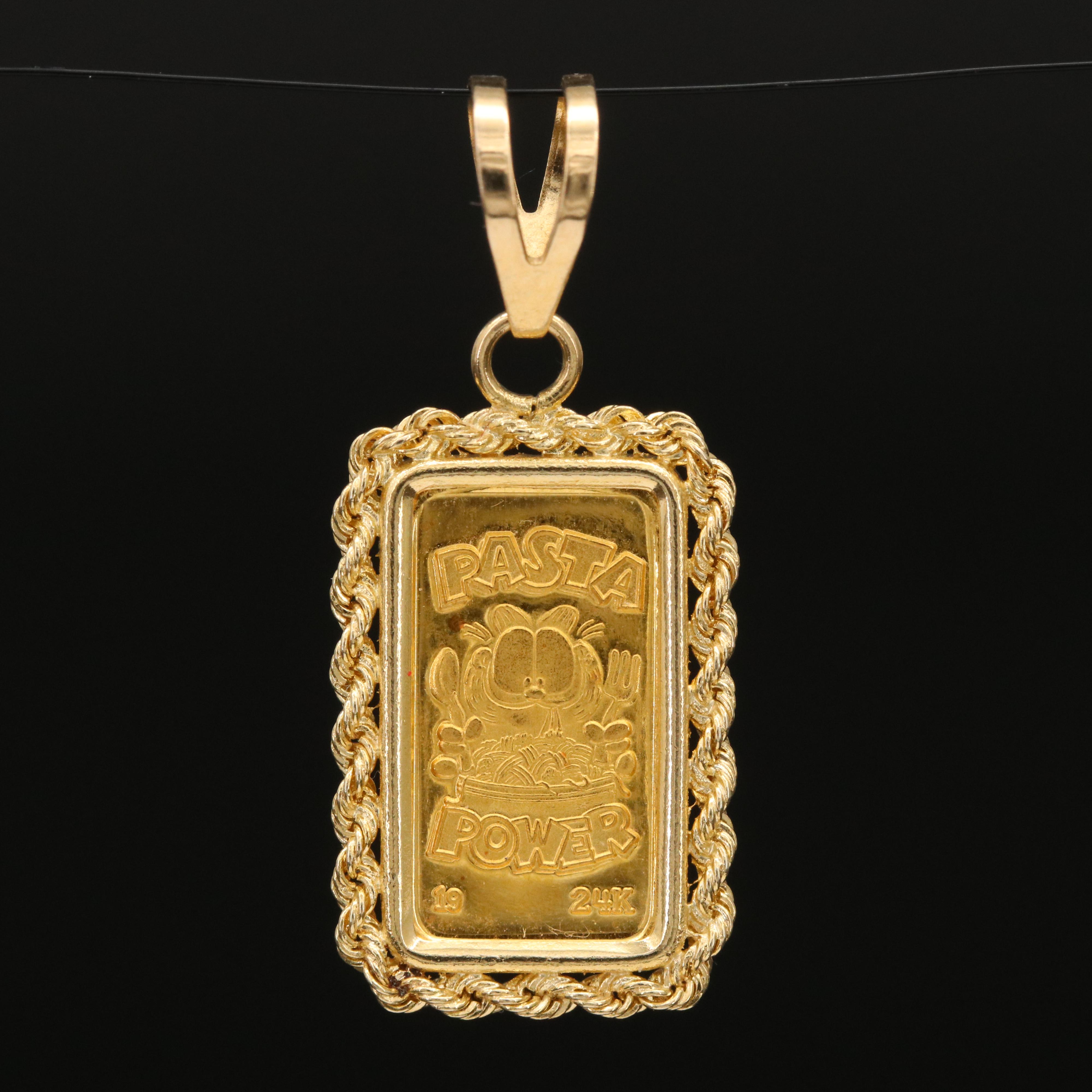 Vintage 24K Ingot Garfield "Pasta Power" in 14K Rope Frame Pendant