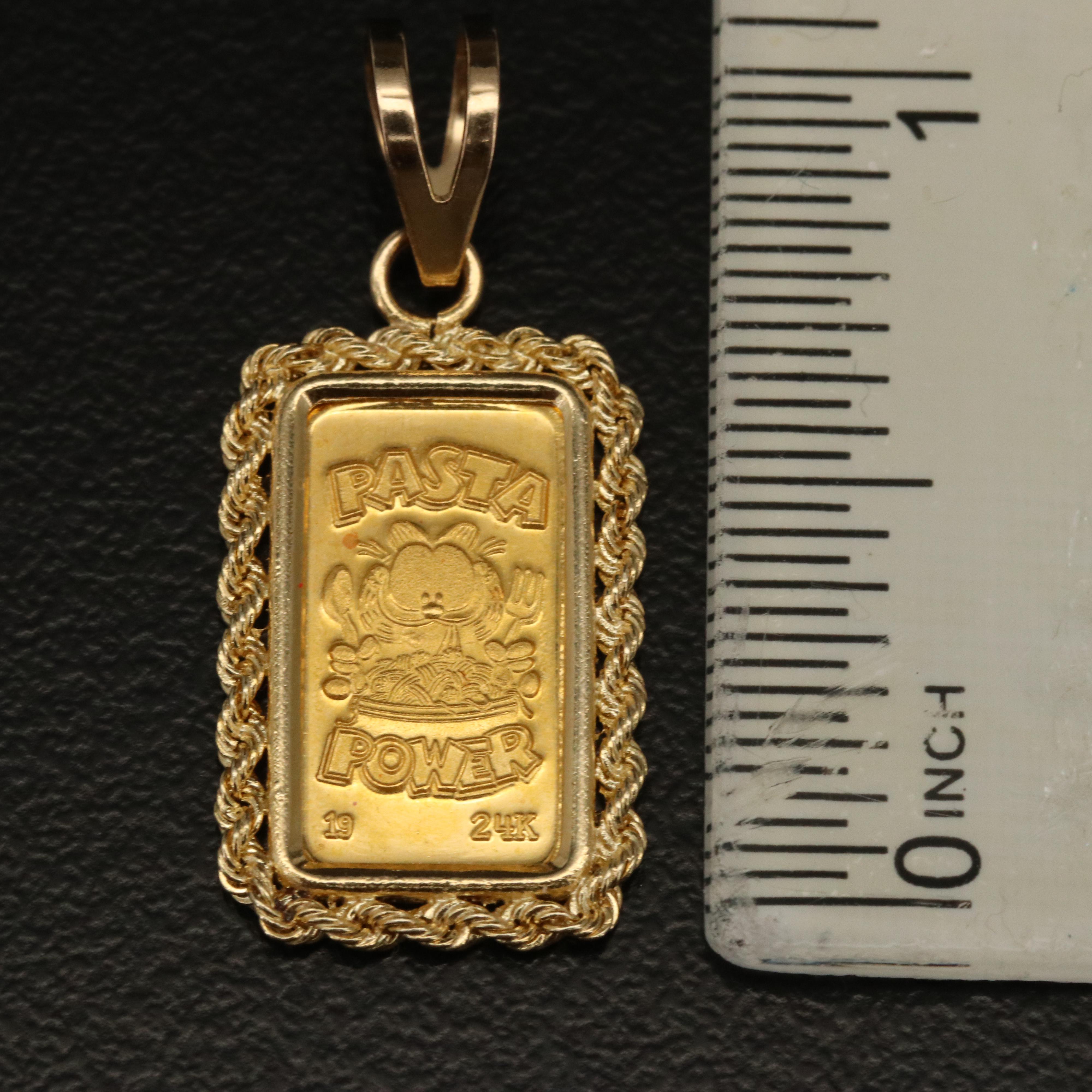 Vintage 24K Ingot Garfield "Pasta Power" in 14K Rope Frame Pendant
