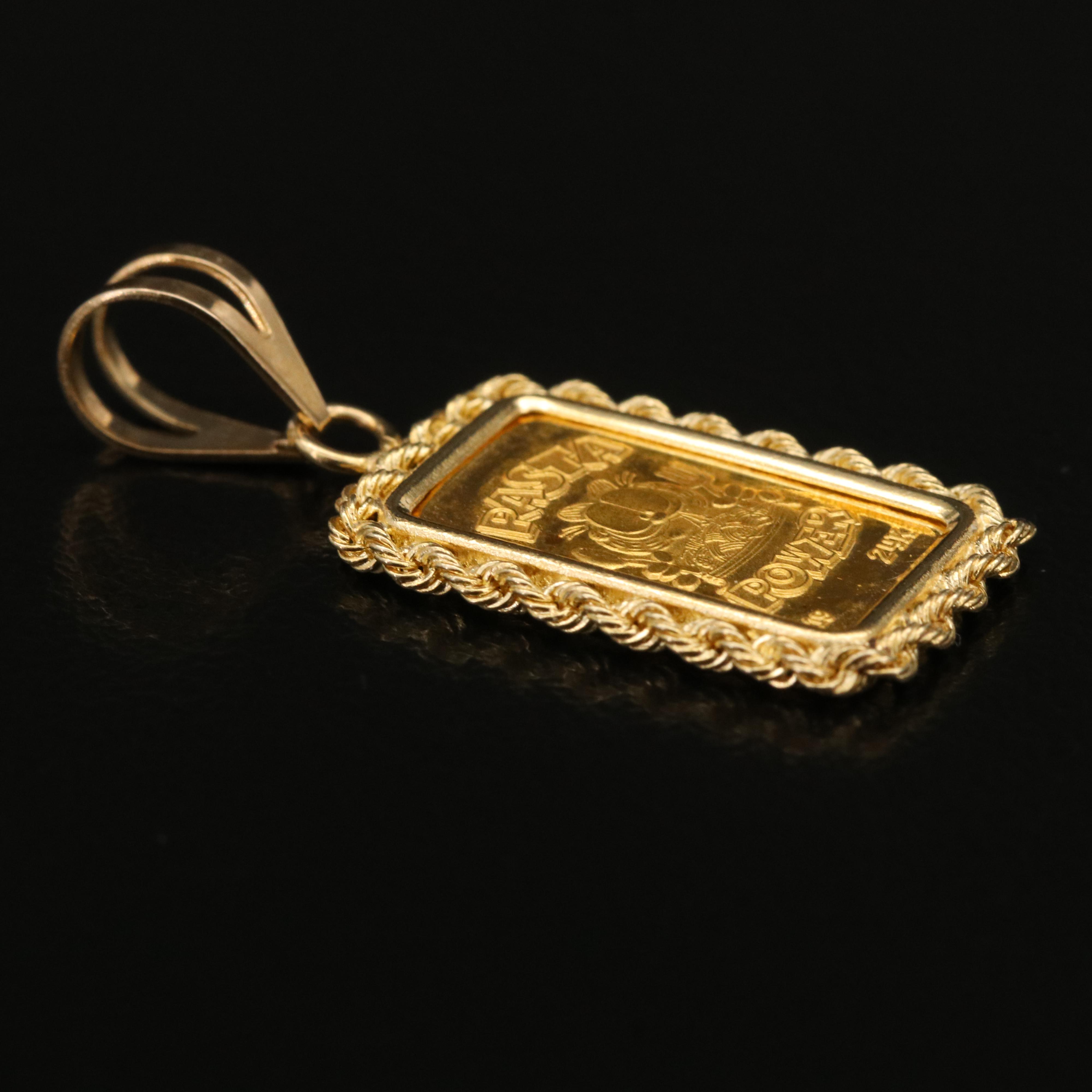Vintage 24K Ingot Garfield "Pasta Power" in 14K Rope Frame Pendant