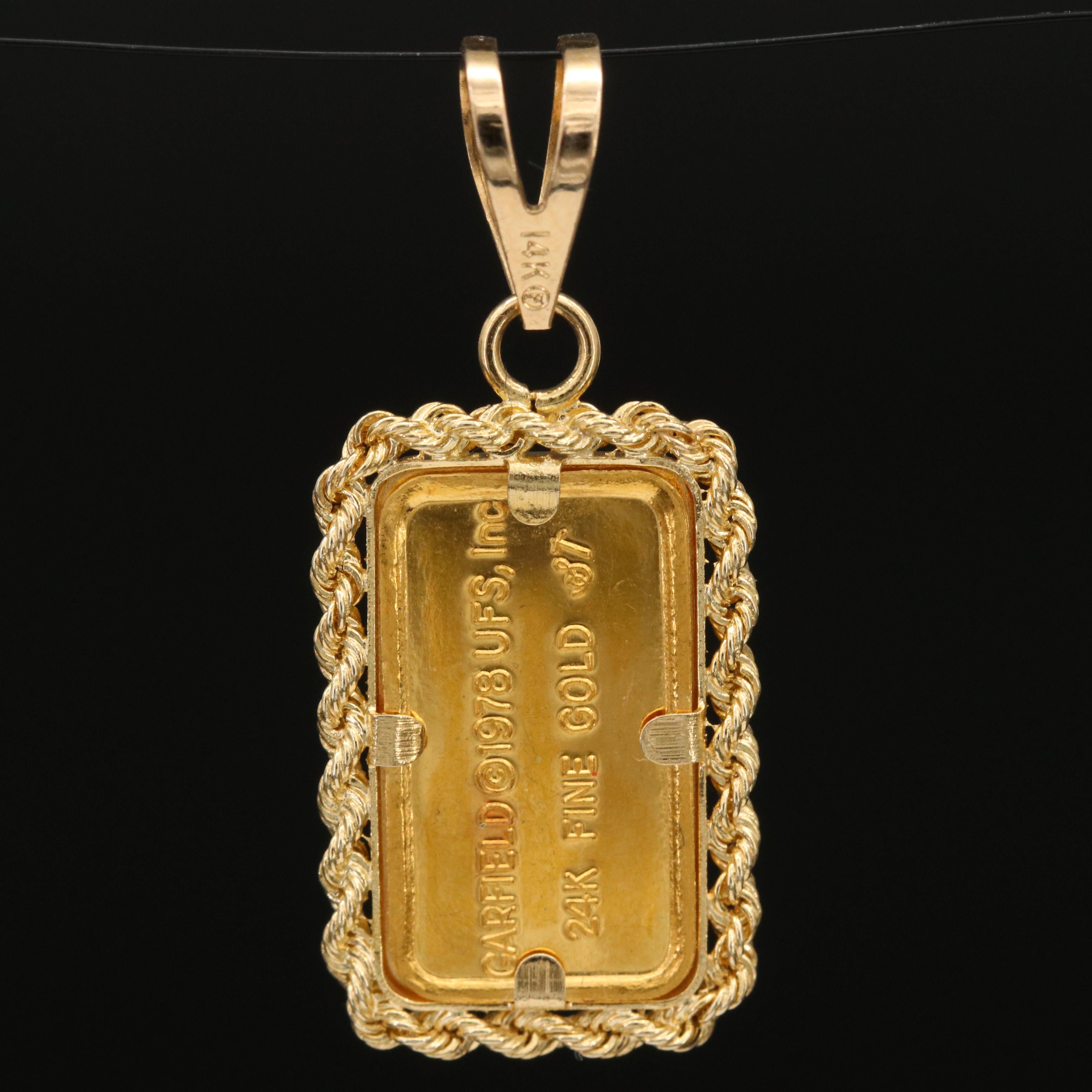 Vintage 24K Ingot Garfield "Pasta Power" in 14K Rope Frame Pendant