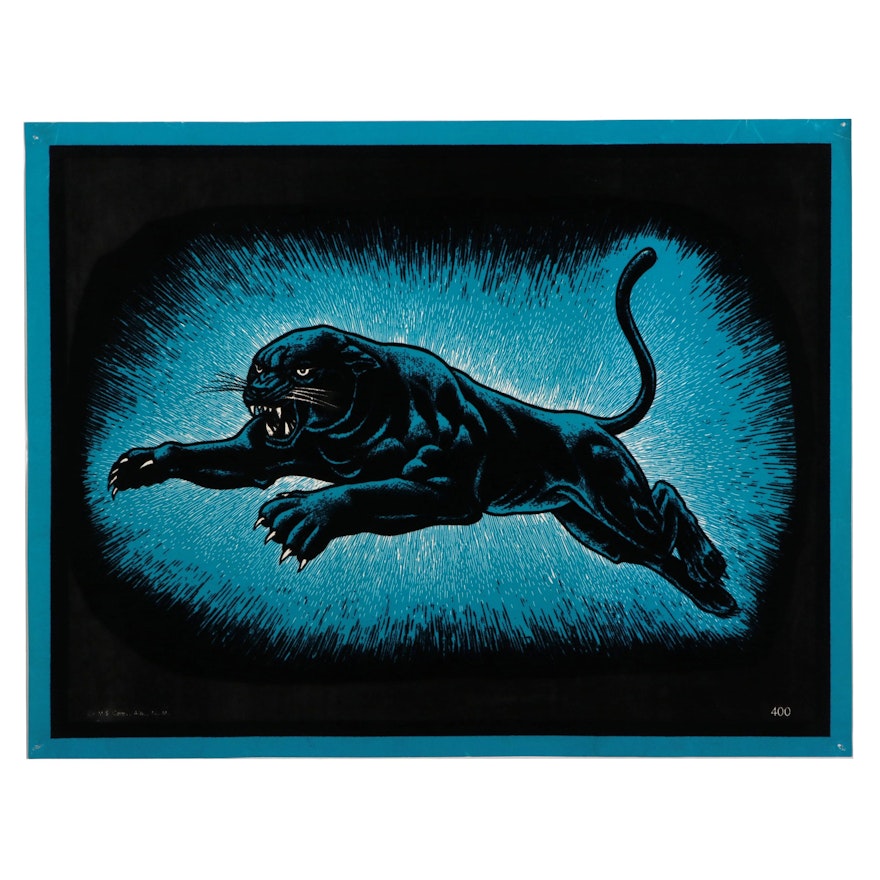 Flocked Lithographic Blacklight Poster of Panther, Late 20th Century
