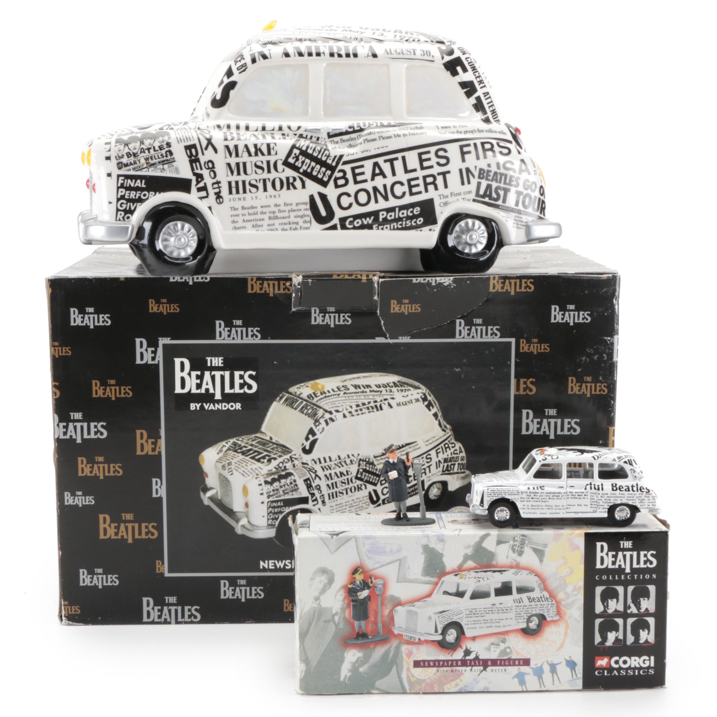 The Beatles "Newspaper Taxi" Cookie Jar, Corgi Classics Diecast Model, 1990s